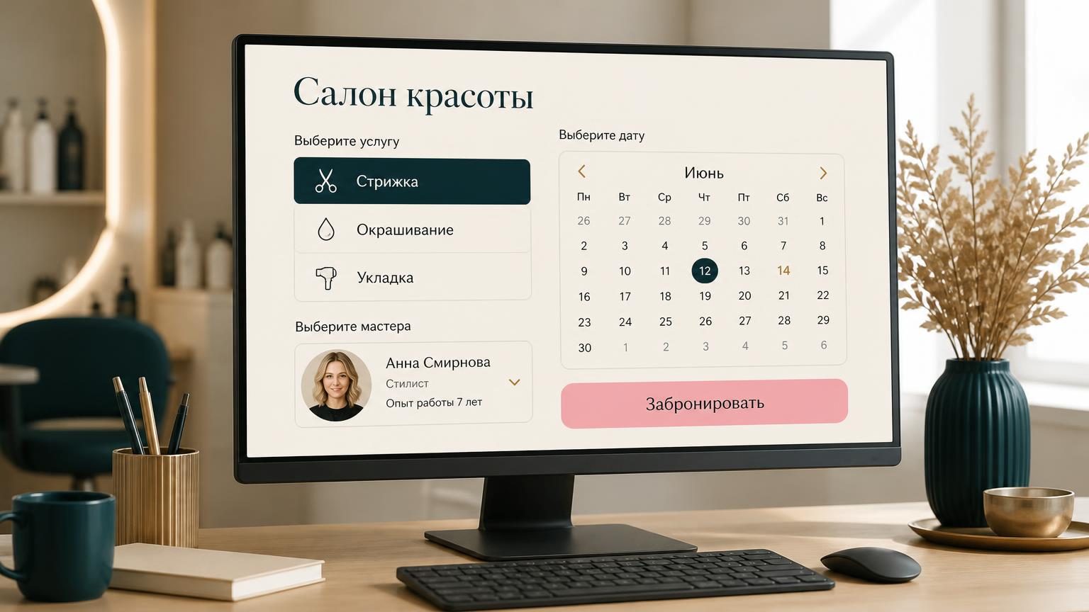Экран компьютера, салон красоты. На экране видна форма выбора услуги: список слева (стрижка, окрашивание, укладка), справа календарь по дням, ниже выбор мастера с его фото. Всё …
