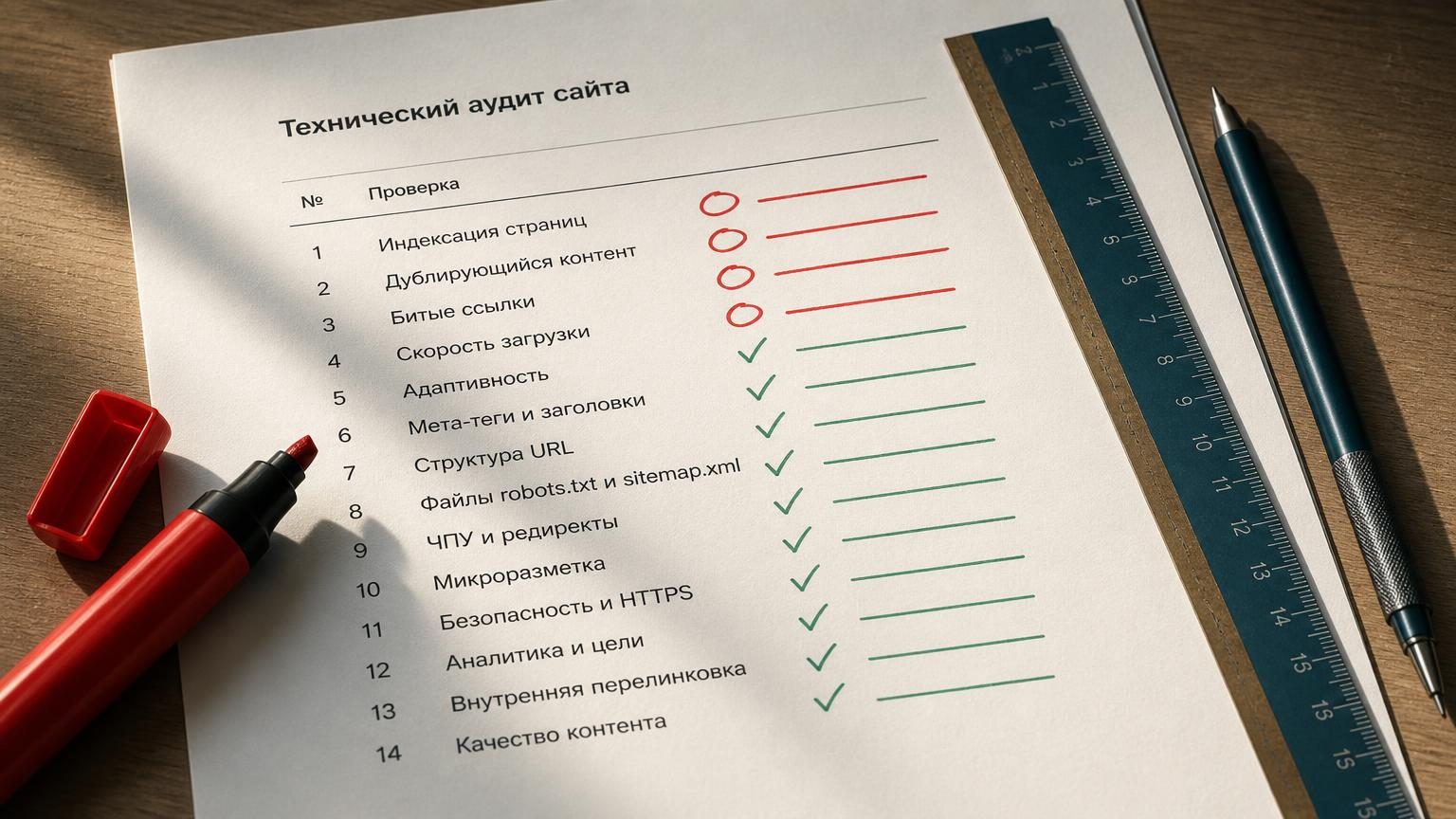 Крупный план распечатанного технического аудита на столе: страница с длинным списком пунктов, часть отмечена красным маркером, часть зелёной галочкой. Рядом линейка и механическ…
