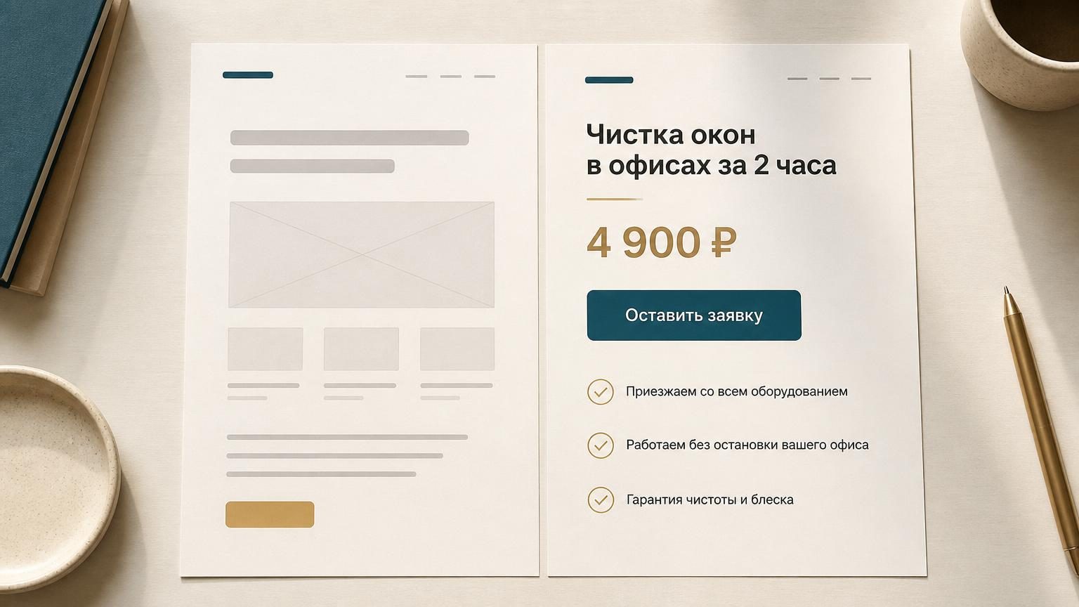 Два листа с макетами страниц лежат рядом на светлом столе. Левый: расплывчатый общий заголовок, серые прямоугольники вместо картинок, ни одной цифры, кнопка без подписи. Правый:…