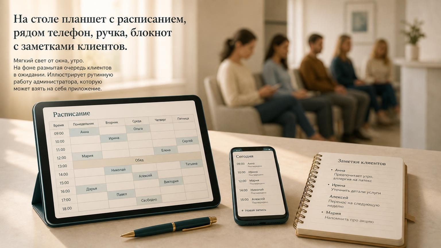 На столе планшет с расписанием, рядом телефон, ручка, блокнот с заметками клиентов. Мягкий свет от окна, утро. На фоне размытая очередь клиентов в ожидании. Иллюстрирует рутинну…