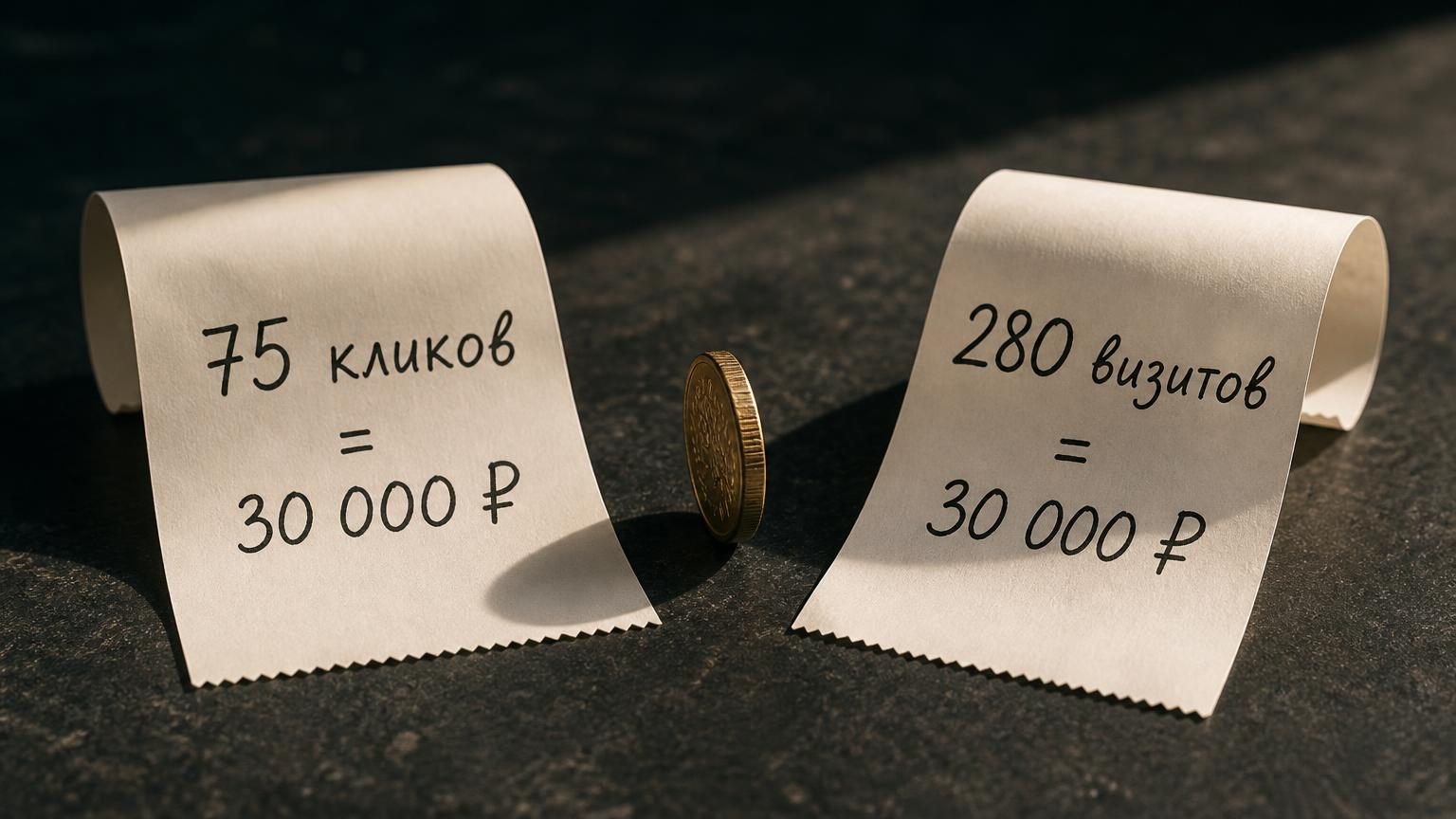 Два бумажных чека-ленты рядом на тёмной столешнице, крупный план. На левом от руки написано «75 кликов = 30 000 ₽», на правом «280 визитов = 30 000 ₽». Между ними лежит монета н…