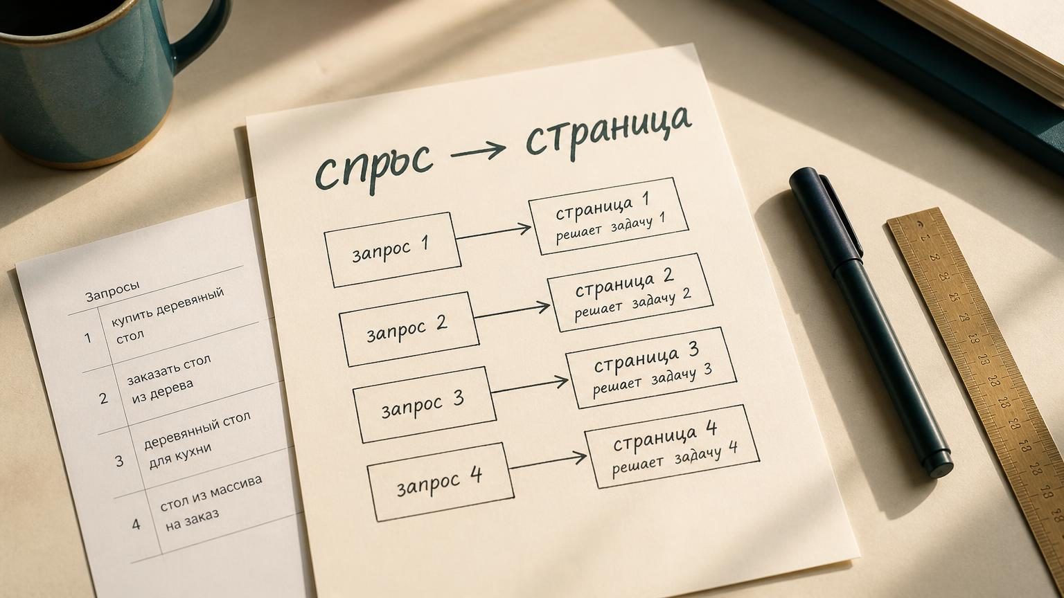 Вид сверху на стол: лист А4 с нарисованной от руки схемой из прямоугольников и стрелок, рядом распечатка со столбиком запросов, маркер, линейка, кружка. На листе крупная надпись…