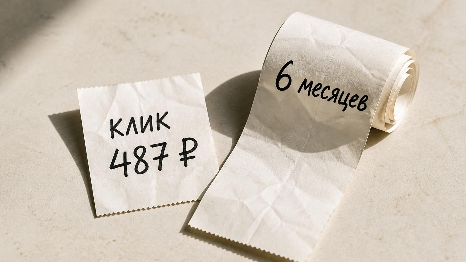 Крупно: два чека из кассового аппарата лежат рядом на светлой столешнице. Левый короткий, на нём от руки маркером написано «клик 487 ₽». Правый длинный, свёрнутый в рулон, на нё…