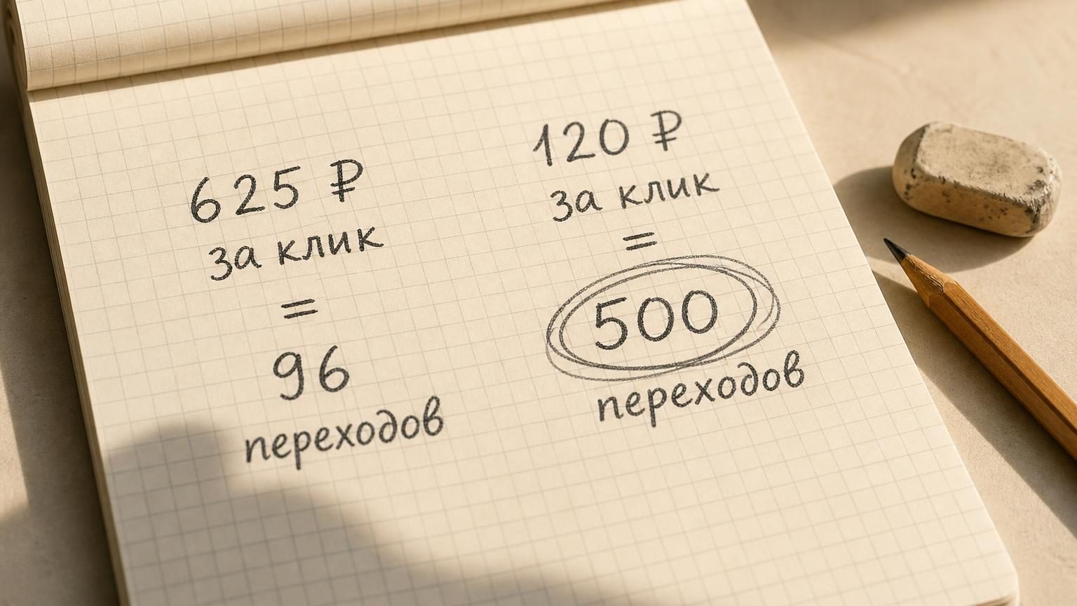 Крупно: страница блокнота в клетку, на ней от руки в столбик два расчёта. Слева «625 ₽ за клик = 96 переходов», справа «120 ₽ за клик = 500 переходов», вторая цифра обведена два…
