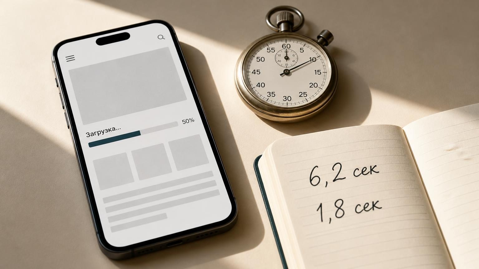Смартфон лежит на столе рядом с секундомером, на экране видна наполовину загруженная страница сайта с серыми прямоугольниками вместо фото. Рядом блокнот, на развороте от руки на…
