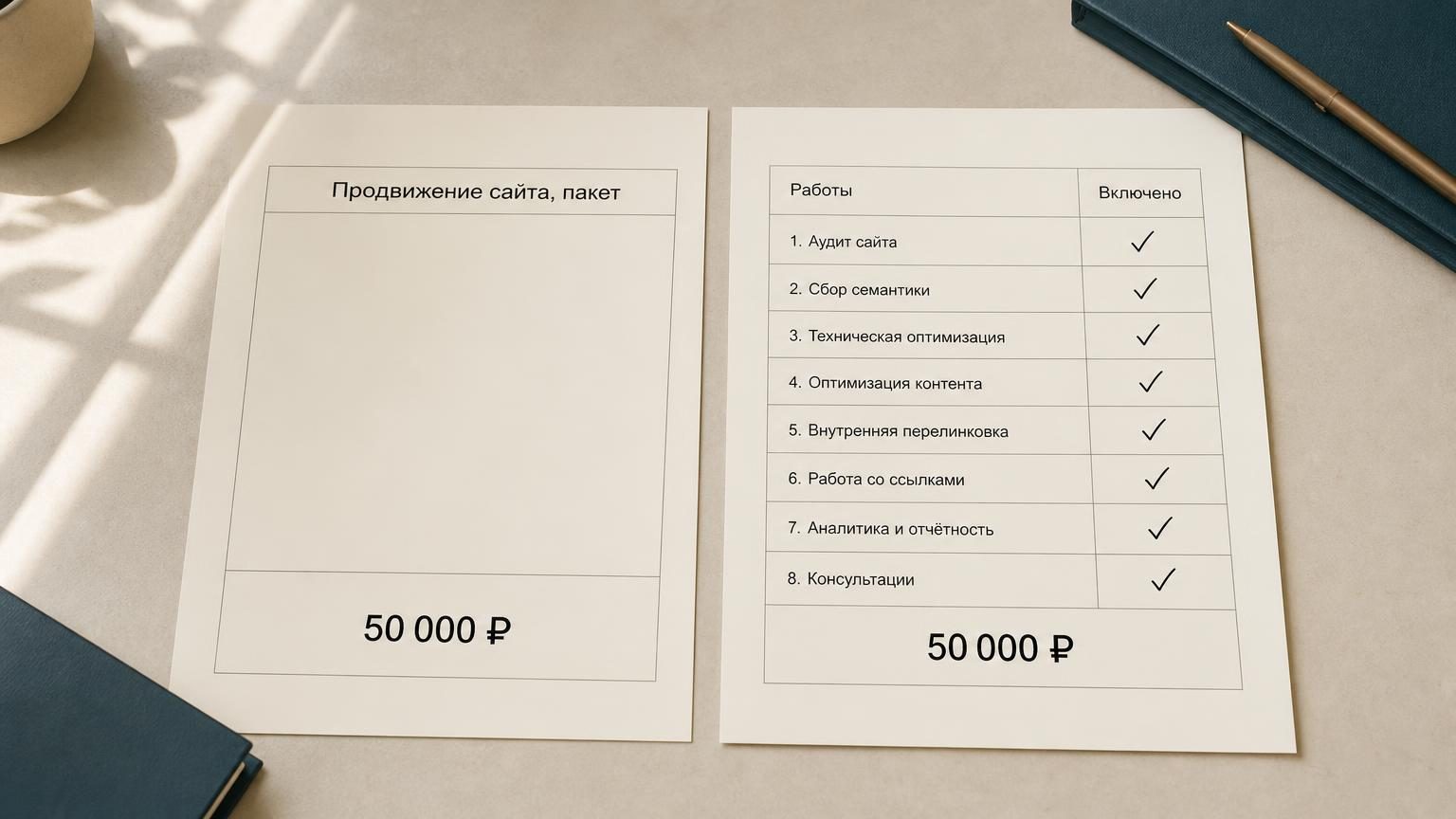 Два листа коммерческих предложений лежат рядом на столе, свет из окна слева. На первом листе строка «Продвижение сайта, пакет» и одна цифра. На втором листе список из восьми пун…