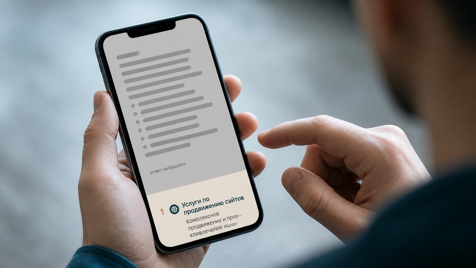 Экран смартфона в руке крупным планом, вид сверху через плечо. Верхние две трети экрана занимает серый блок текста с мелкой подписью «ответ нейросети», внизу видна только полови…