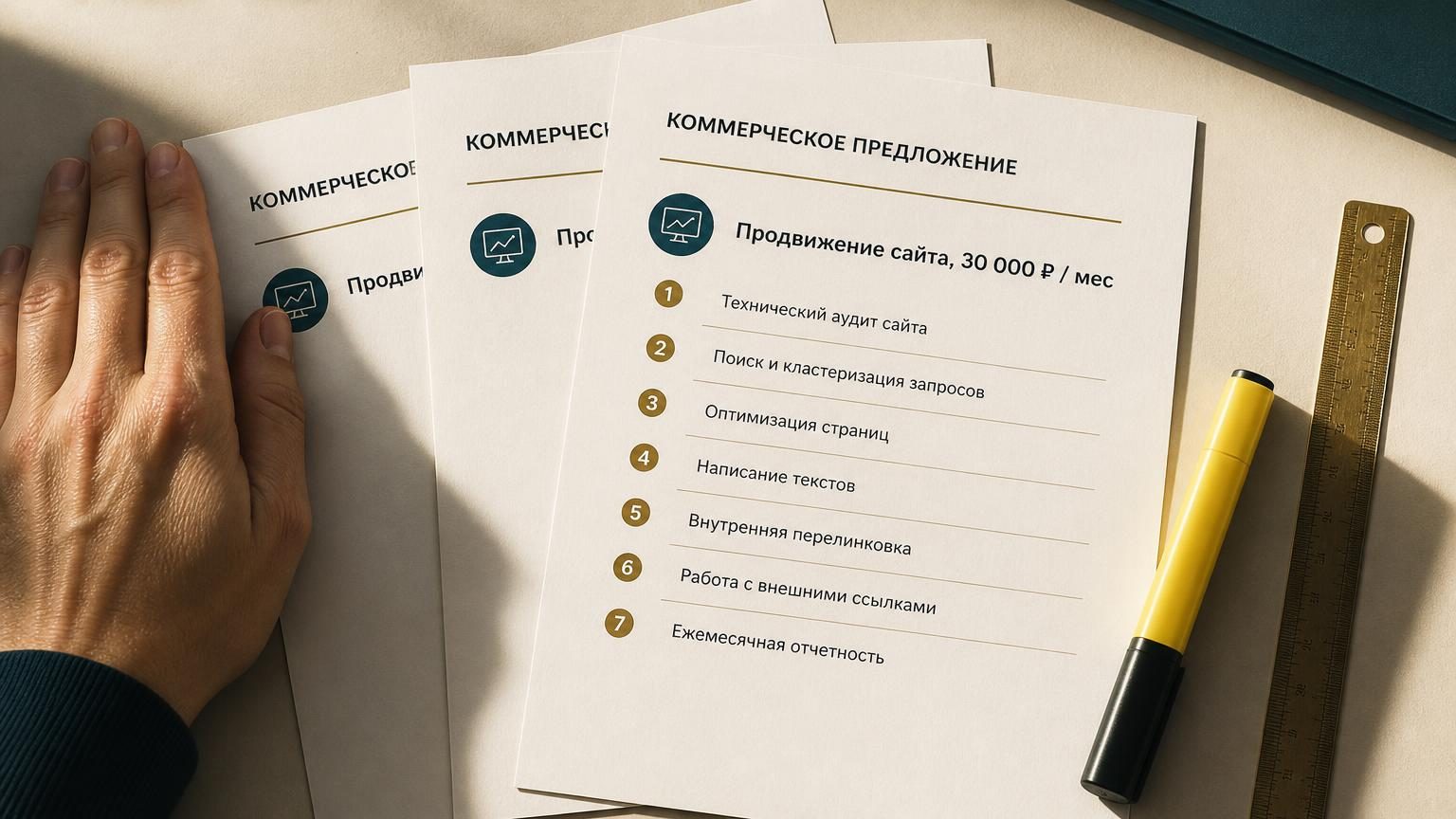 Крупно: три коммерческих предложения на столе, разложенные веером. На верхнем листе видна строка «Продвижение сайта, 30 000 ₽ / мес» и список работ под ней, на соседних листах с…