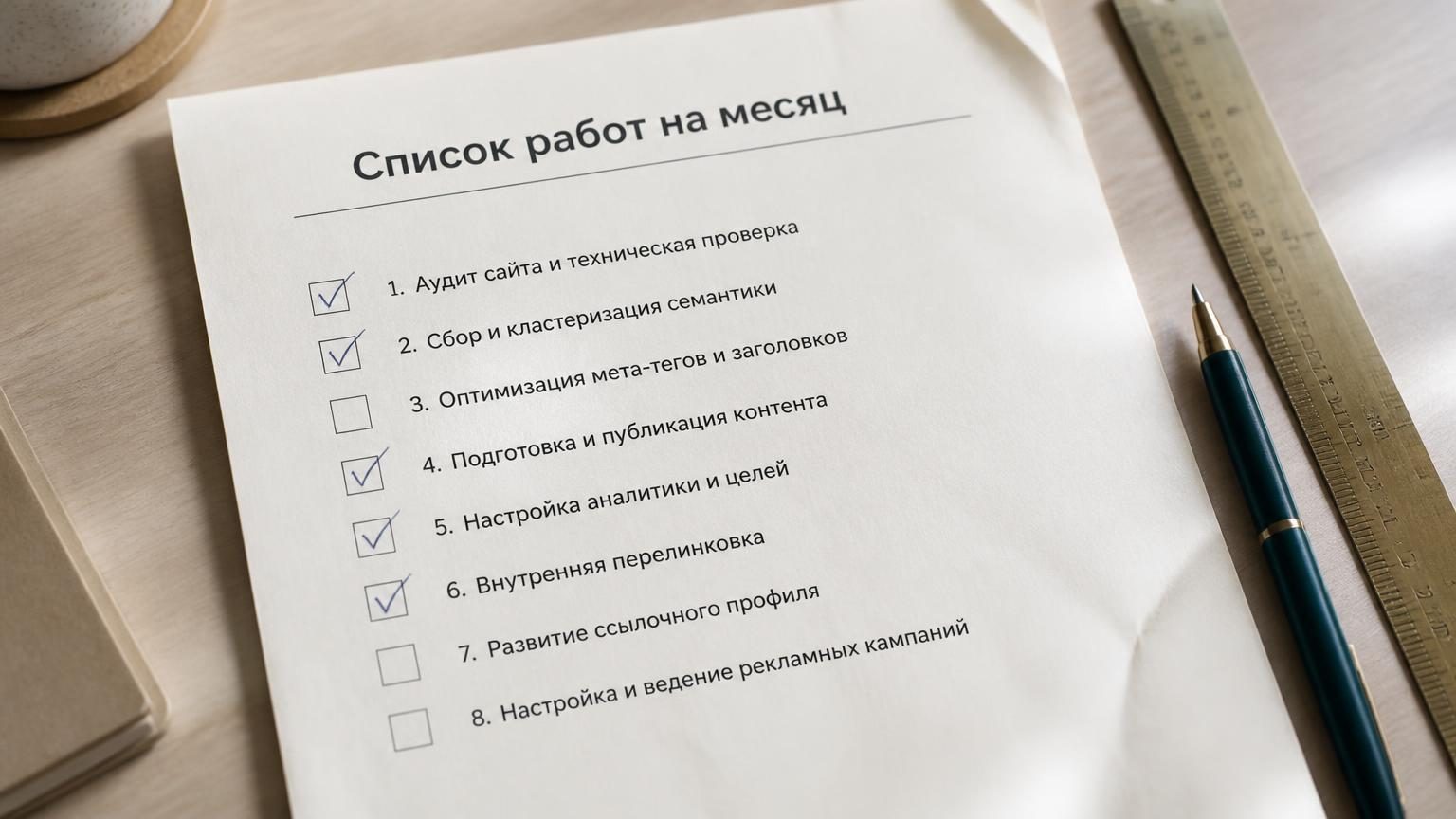 Крупно, сверху: распечатанный список работ на месяц, половина пунктов отмечена галочками от руки, рядом лежит линейка и шариковая ручка. Свет дневной, холодноватый, бумага чуть …