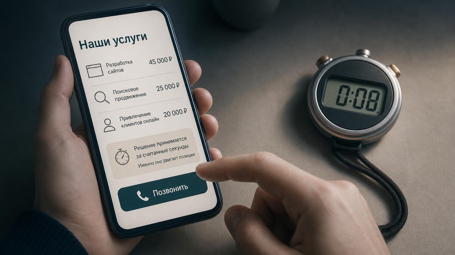 Крупно: экран смартфона в руке, страница услуг с ценами, палец занесён над кнопкой звонка. Рядом на столе секундомер, показывающий «0:08». Свет холодный, от экрана, вокруг полум…