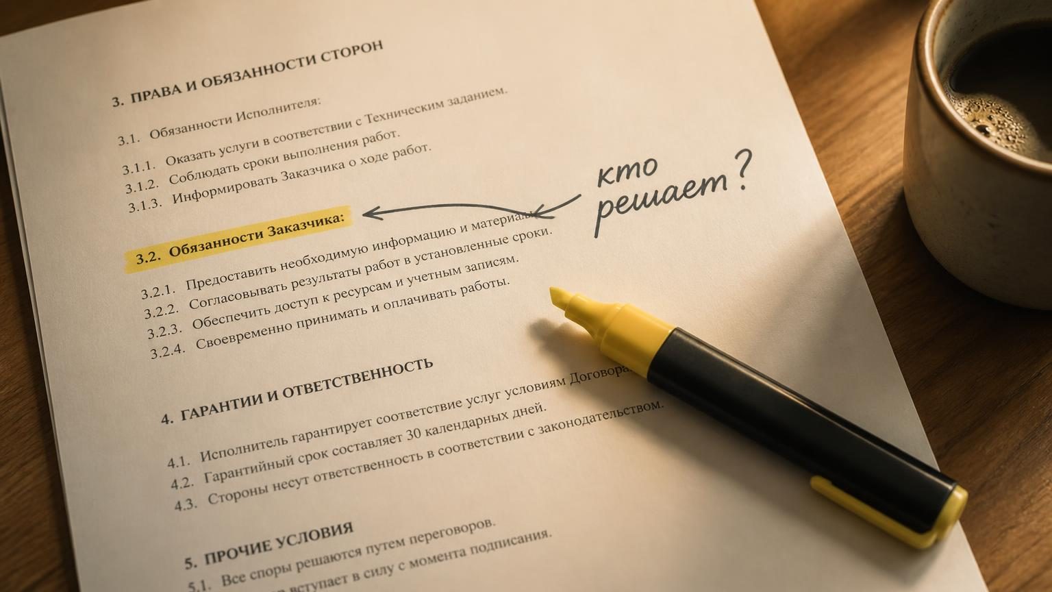 Крупно: страница договора под углом, мелкий шрифт, поверх лежит жёлтый маркер. Одна строка выделена маркером, рядом на полях от руки написан вопрос «кто решает?». Рядом край чаш…