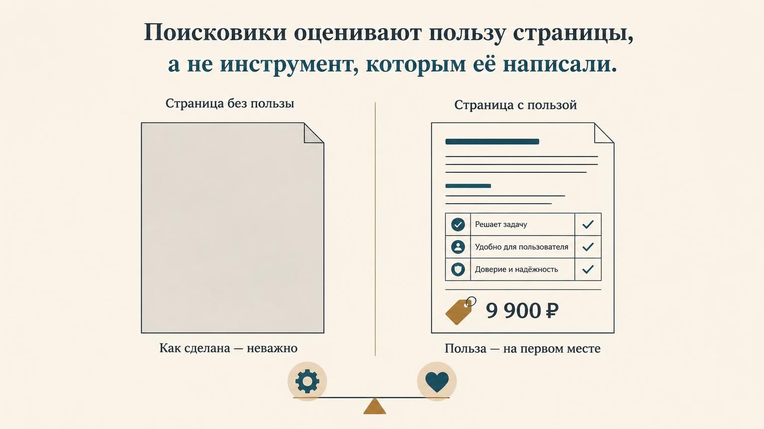 Плоская схема на тёплом светлом фоне: два листа бумаги рядом. Левый залит однородной серой заливкой без единой цифры, правый содержит короткие строки, таблицу из трёх строк и за…