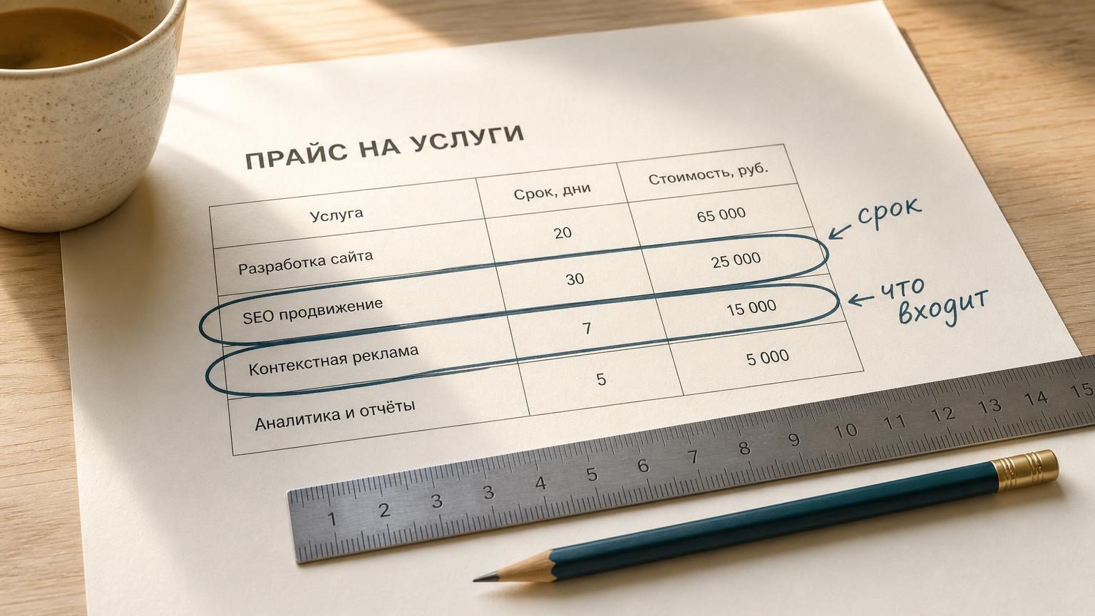 Крупный план распечатанной страницы прайса на столе: аккуратная таблица с цифрами, рядом маркером обведены две строки, на полях от руки приписано «срок» и «что входит». Поверх л…
