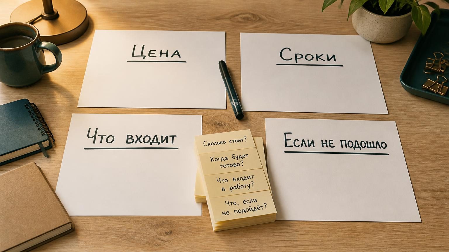 Стол сверху: разложены четыре листа бумаги, каждый подписан от руки крупными печатными буквами: «Цена», «Сроки», «Что входит», «Если не подошло». Между листами маркер и стопка с…