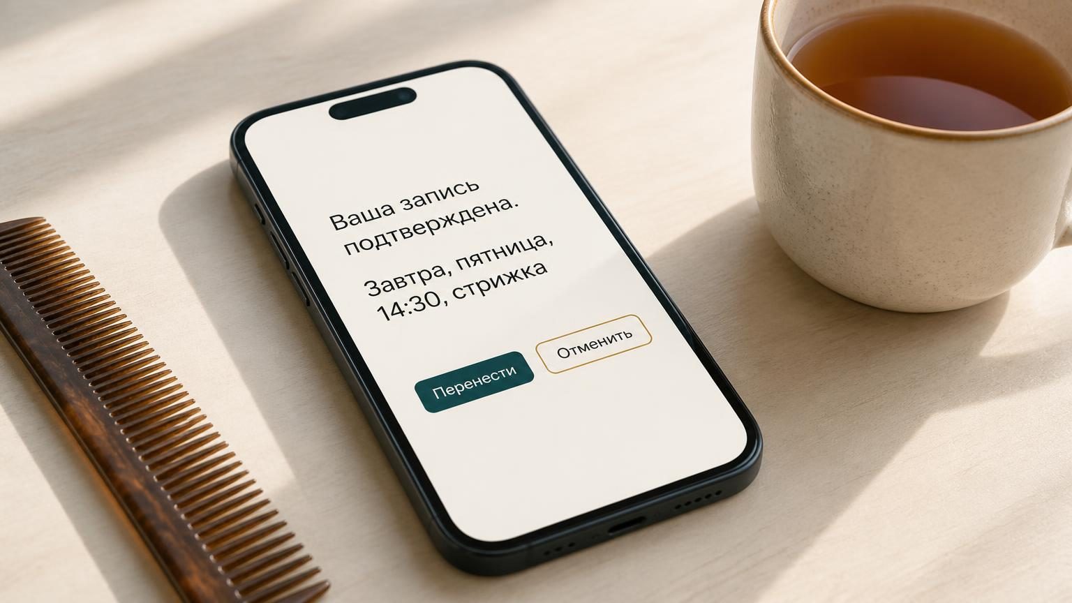 Смартфон лежит на светлом столе экраном вверх, крупно. На экране сообщение: «Ваша запись подтверждена. Завтра, пятница, 14:30, стрижка». Ниже две небольшие кнопки: «Перенести» и…