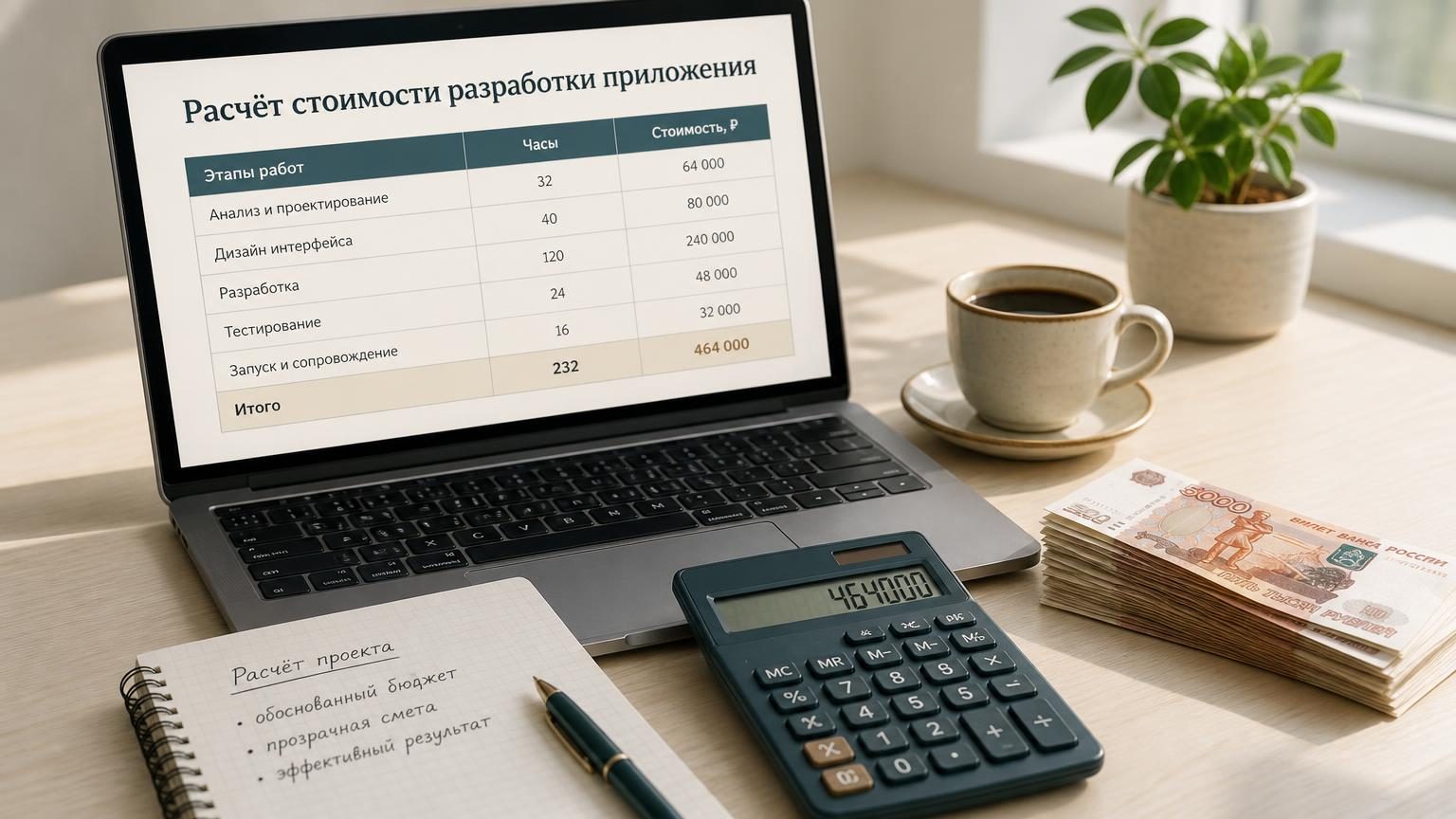 На столе ноутбук с открытой таблицей смет, рядом калькулятор, стопка денежных купюр. Чашка кофе. Светлый рабочий стол, дневной свет. Кадр иллюстрирует: как разработчик считает с…
