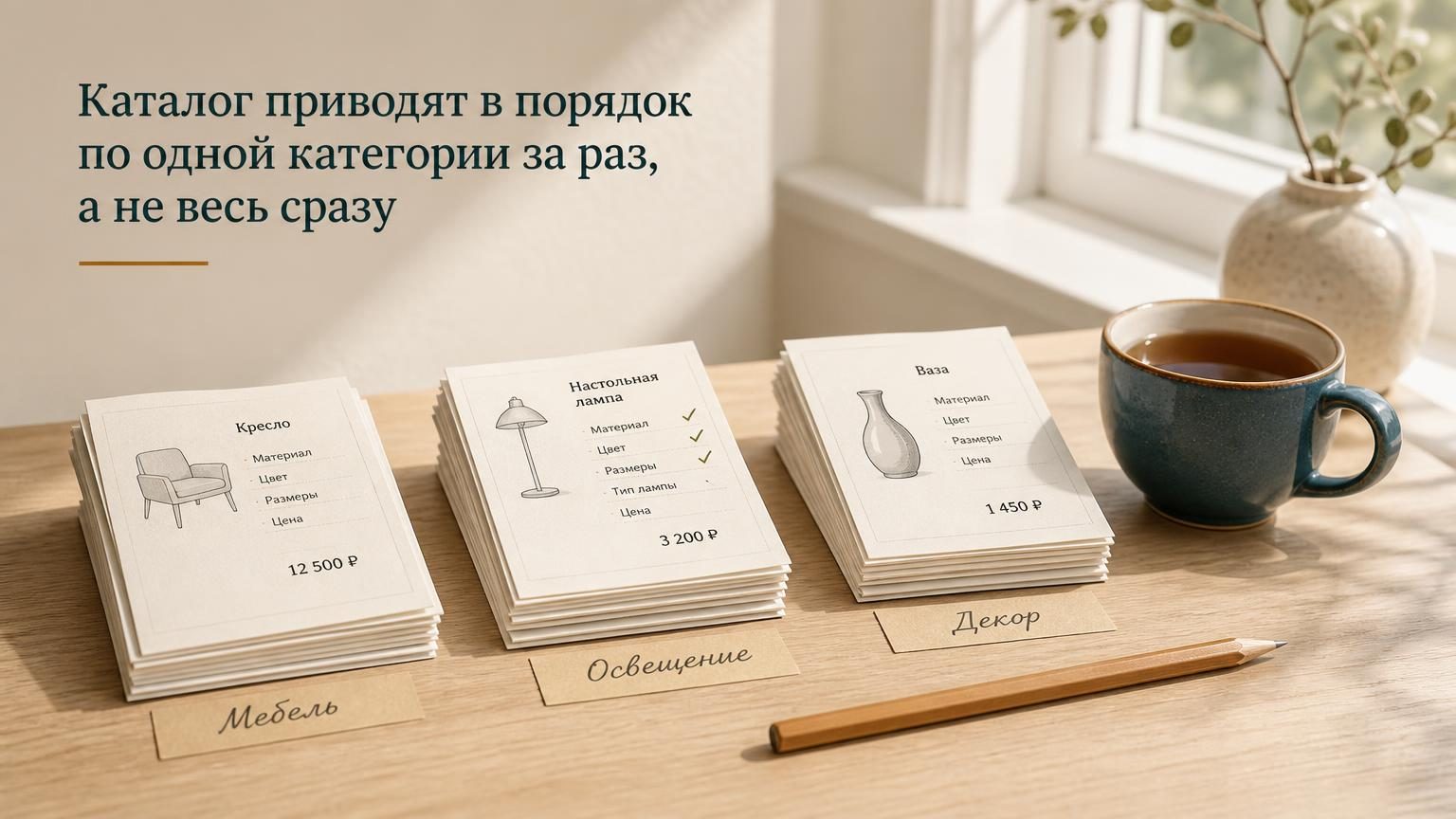 Стол со стопкой распечатанных карточек товаров, разложенных на три кучки, рядом простой карандаш и чашка чая. На верхней карточке от руки отмечены галочками несколько строк. Тёп…