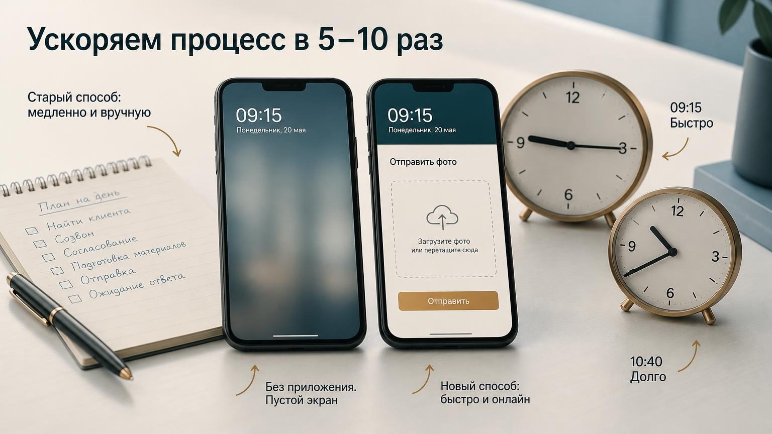 Два смартфона рядом: на первом экран размыт и пуст (без приложения), на втором интерфейс с полем загрузки фото и кнопкой отправки. Рядом часы со стрелками, указывающими на разно…