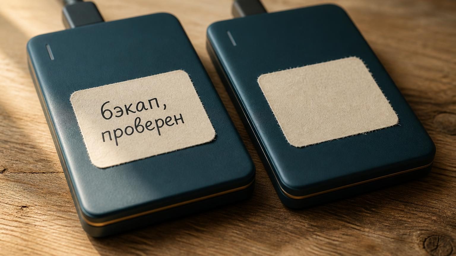 Два внешних диска на деревянном столе рядом друг с другом, на одном бумажная наклейка с надписью от руки «бэкап, проверен», на втором такая же наклейка без надписи. Макросъёмка,…