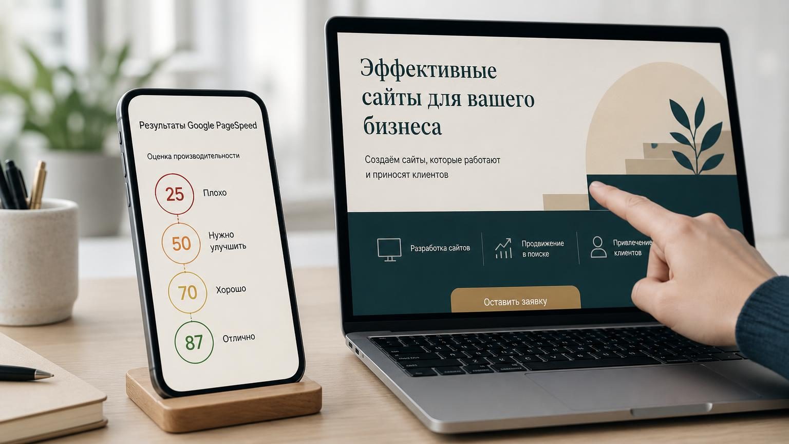 Смартфон на столе с результатами Google PageSpeed на экране: шкала оценок от красной (25) до зелёной (87). Рядом ноутбук с неадаптивным сайтом (текст обрезан, кнопка внизу). Рук…