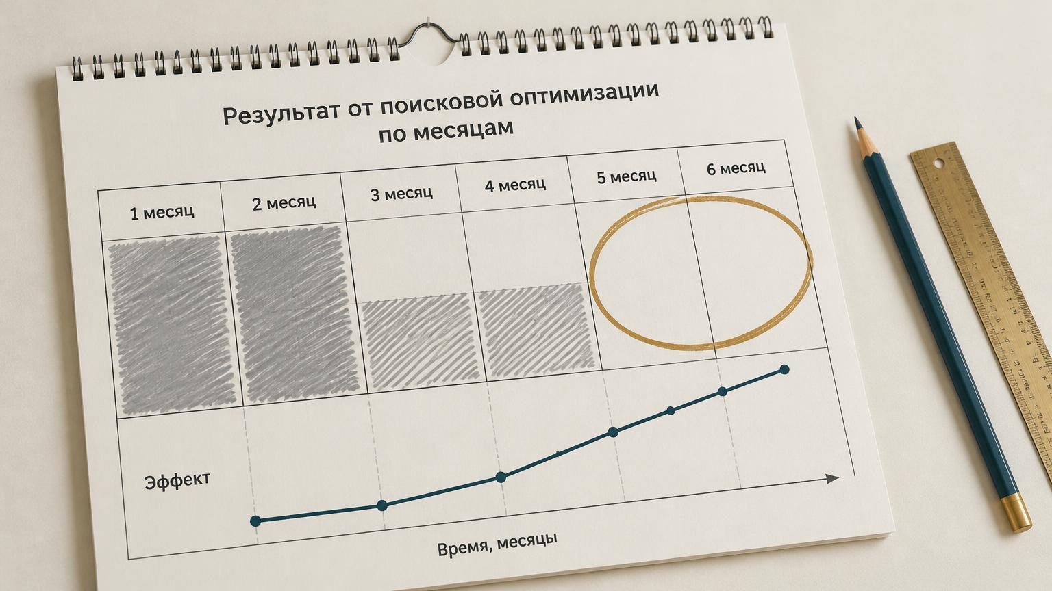 Настенный календарь на шесть месяцев, крупно, под углом. Первые два месяца закрашены серым маркером, третий и четвёртый заштрихованы наполовину, пятый и шестой обведены ярким кр…