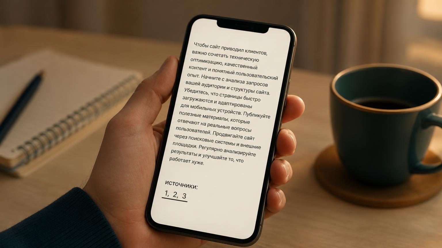 Крупный план: рука держит телефон, на экране длинный текстовый ответ, под ним подчёркнутый список пронумерованных источников. Надпись на экране дословно: «источники: 1, 2, 3». Ф…