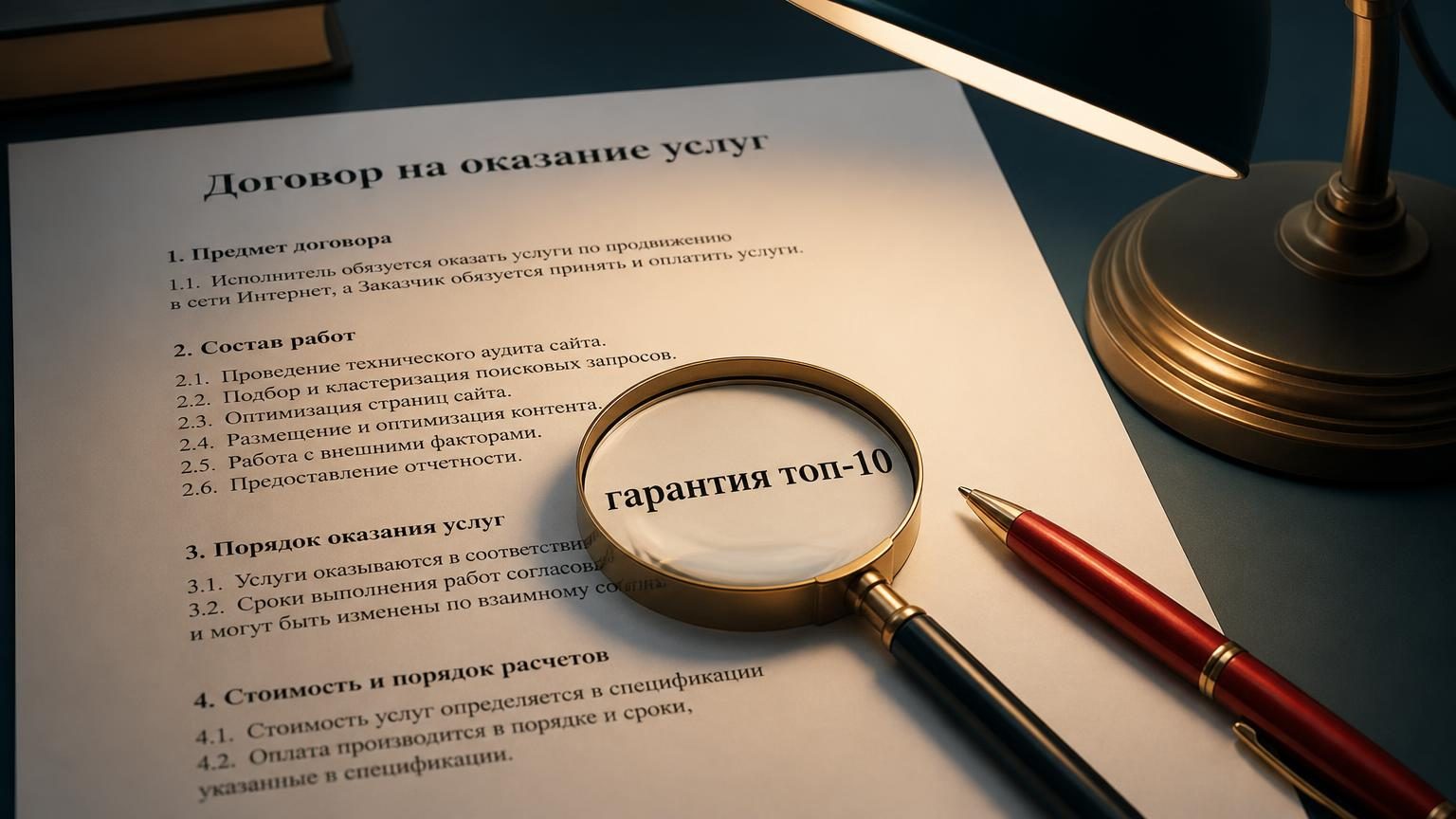 Распечатанный договор на столе под настольной лампой, крупный план абзаца. Через лупу увеличена строка с текстом «гарантия топ-10», рядом лежит красная ручка. Свет тёплый, напра…