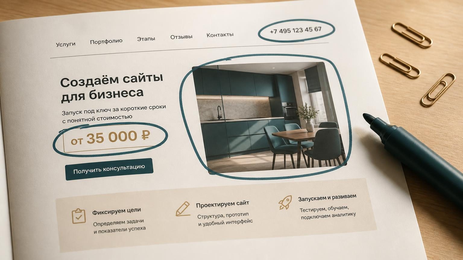 Крупно: распечатанная страница сайта на столе, маркером обведены блок с ценой «от 35 000 ₽», телефон в шапке и фотография выполненной работы. Рядом лежат три скрепки и ручка. Тё…