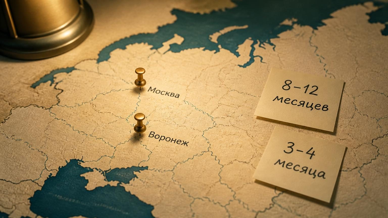 Бумажная карта России на столе, две канцелярские кнопки: одна в районе Москвы, вторая южнее, в произвольном областном центре. Рядом лежат два стикера с рукописными надписями «8–…