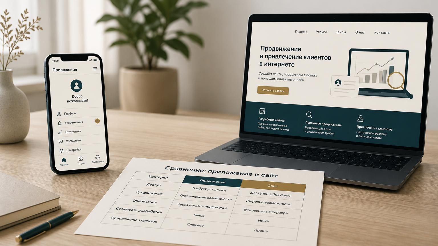 Слева смартфон с приложением на экране, справа ноутбук с веб-сайтом. Они стоят напротив друг друга на столе. На столе между ними лежит бумага с таблицей сравнения. Нейтральный, …
