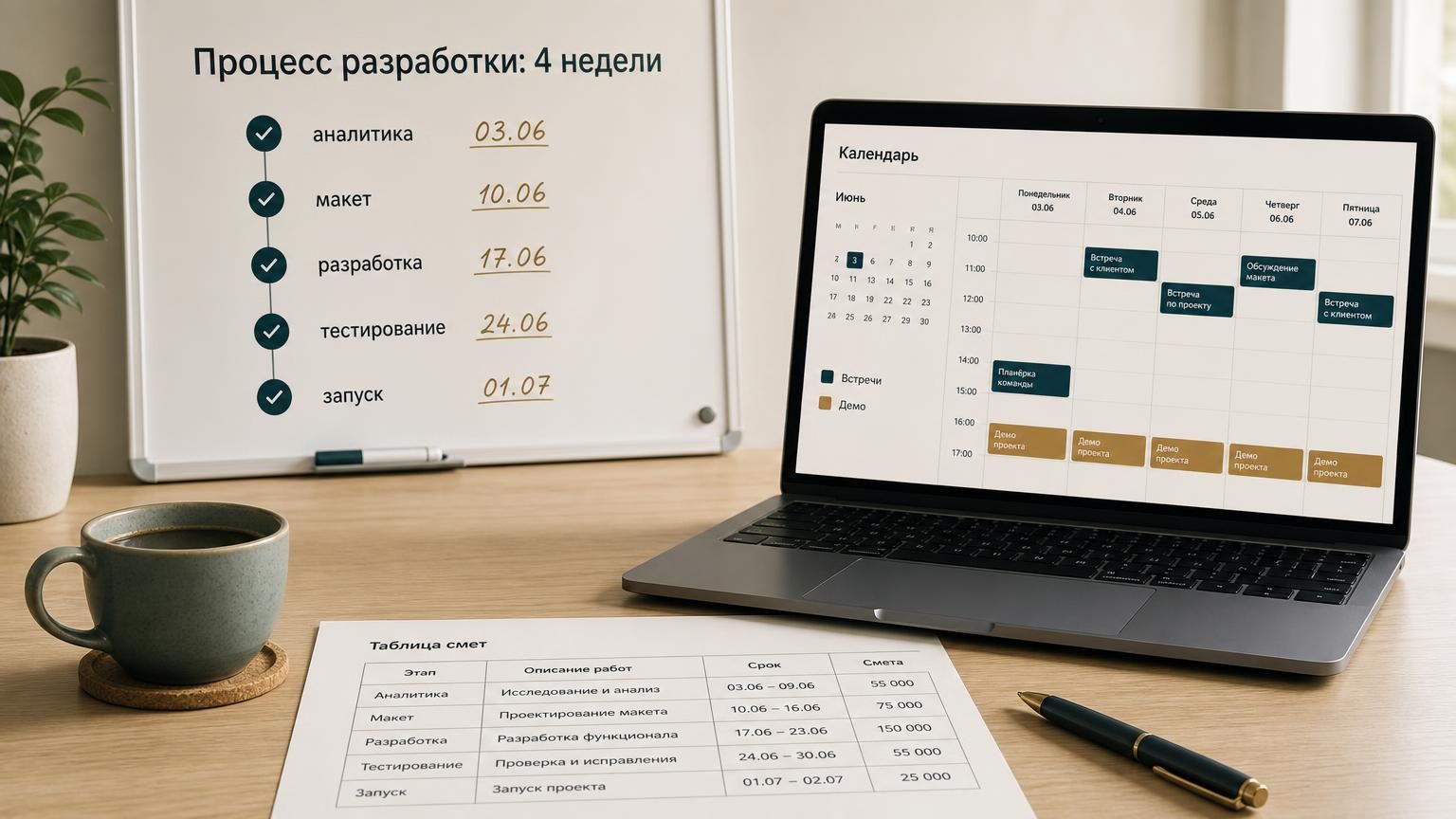 На столе лежит лист бумаги с таблицей смет, рядом чашка кофе, ручка, ноутбук с открытым календарём. На ноутбуке видно расписание встреч и еженедельные слоты демо. На стене позад…