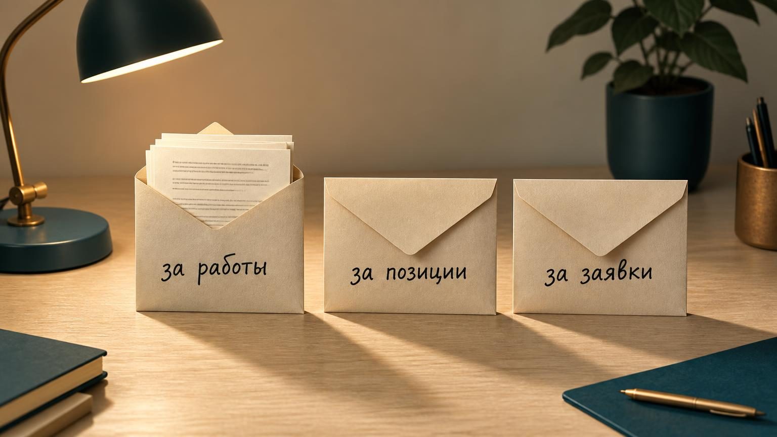 Три бумажных конверта в ряд на столе, на каждом крупная надпись от руки: «за работы», «за позиции», «за заявки». Конверт с надписью «за работы» открыт, из него видна стопка лист…