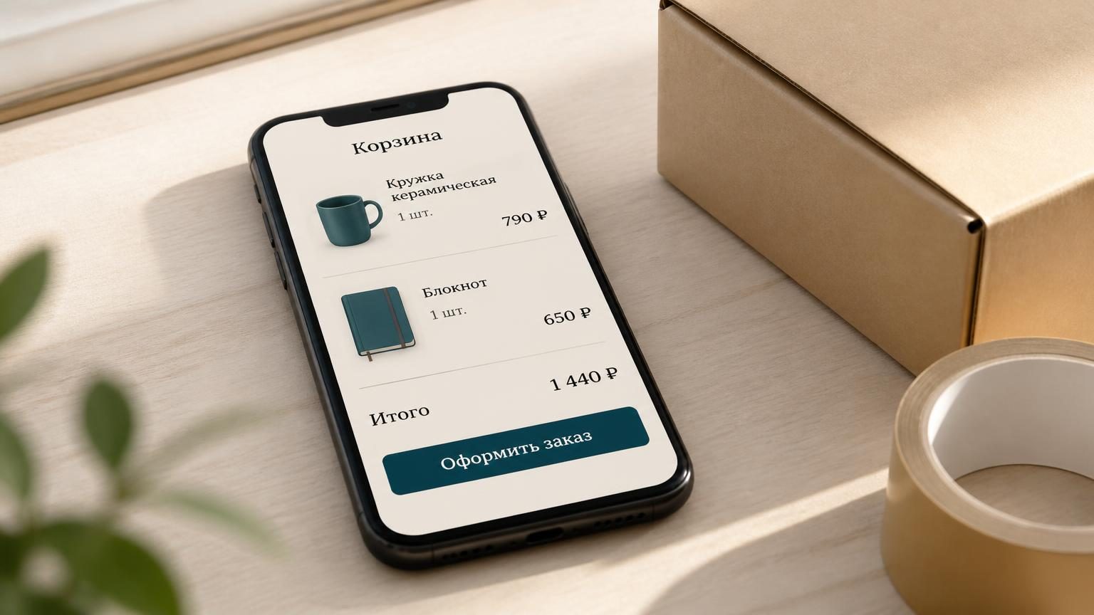Смартфон лежит на светлом столе экраном вверх. На экране корзина интернет-магазина: две строки товаров с ценами, итоговая сумма и кнопка оформления заказа. Рядом сложенная карто…