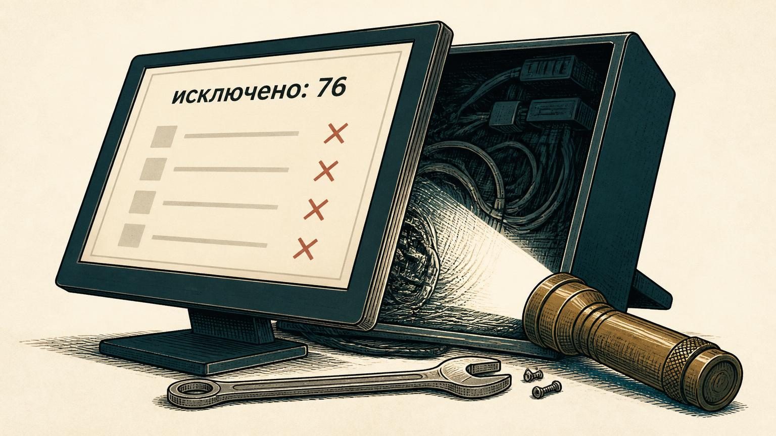 Открытый капот условного «сайта»: монитор, повернутый набок, за ним провода, гаечный ключ и фонарик, направленный в глубину. На экране список строк с красными пометками и надпис…