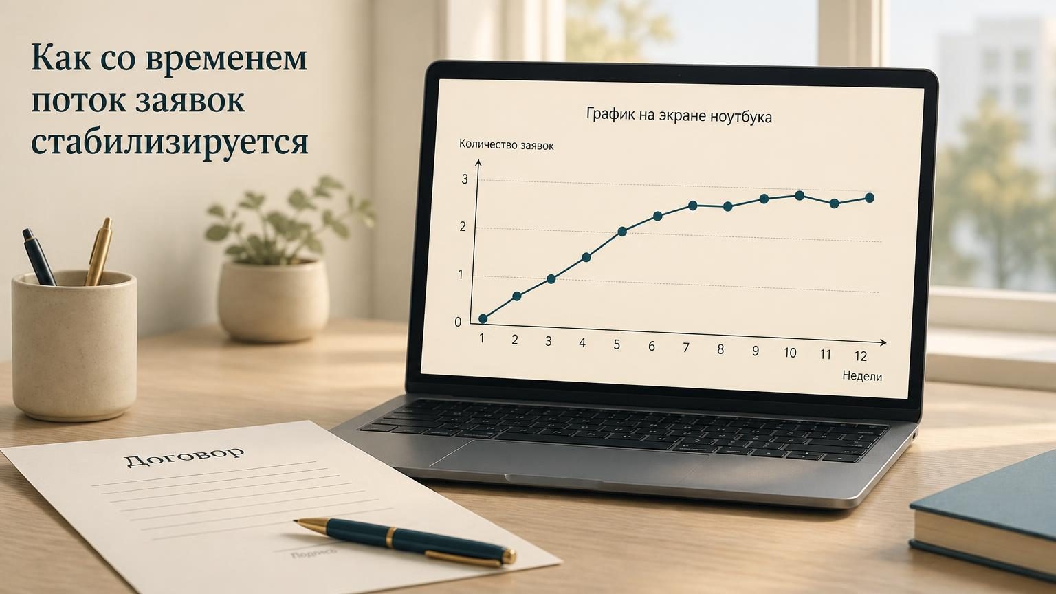 График на экране ноутбука: ось X это недели, ось Y это количество заявок. Линия растёт от нуля до стабильного уровня 2–3 заявки в неделю. На столе рядом распечатанный контракт, …
