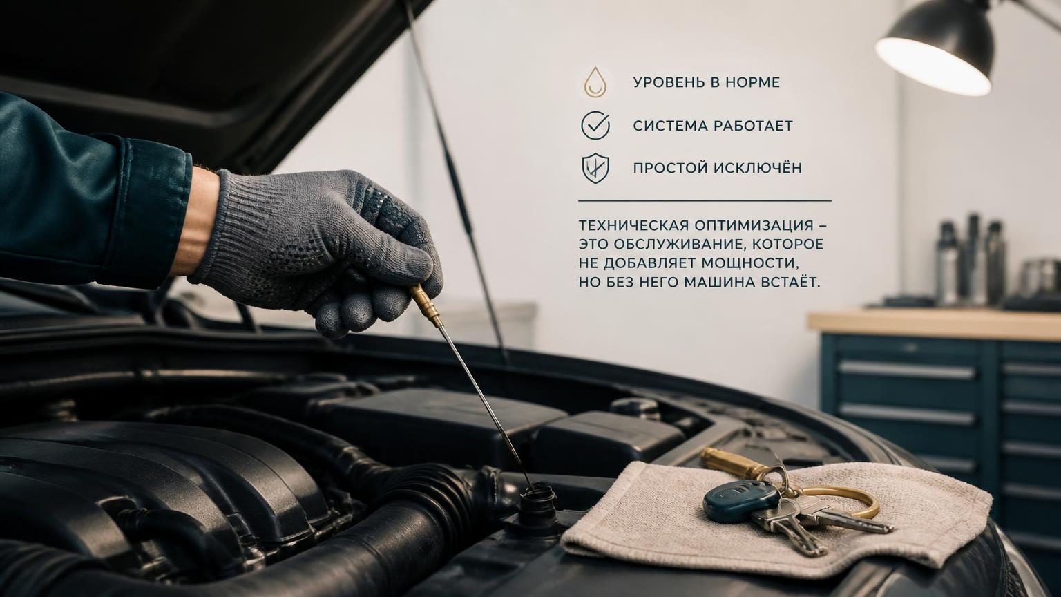 Открытый капот автомобиля в чистом гараже, крупный план: рука в перчатке проверяет уровень жидкости щупом, рядом на ветоши разложены ключи. Холодный свет лампы, чёткие детали, б…