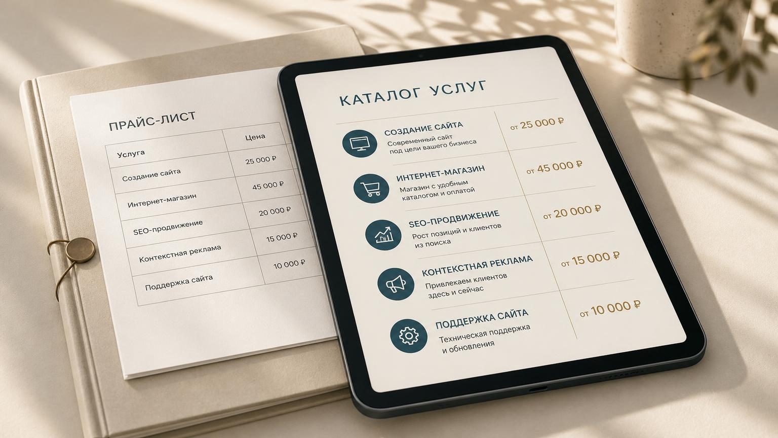 Два предмета рядом на светлом столе: закрытая папка с распечатанным прайс-листом, поверх неё лежит планшет с открытым каталогом и колонкой цен. Тёплый дневной свет сбоку, приглу…