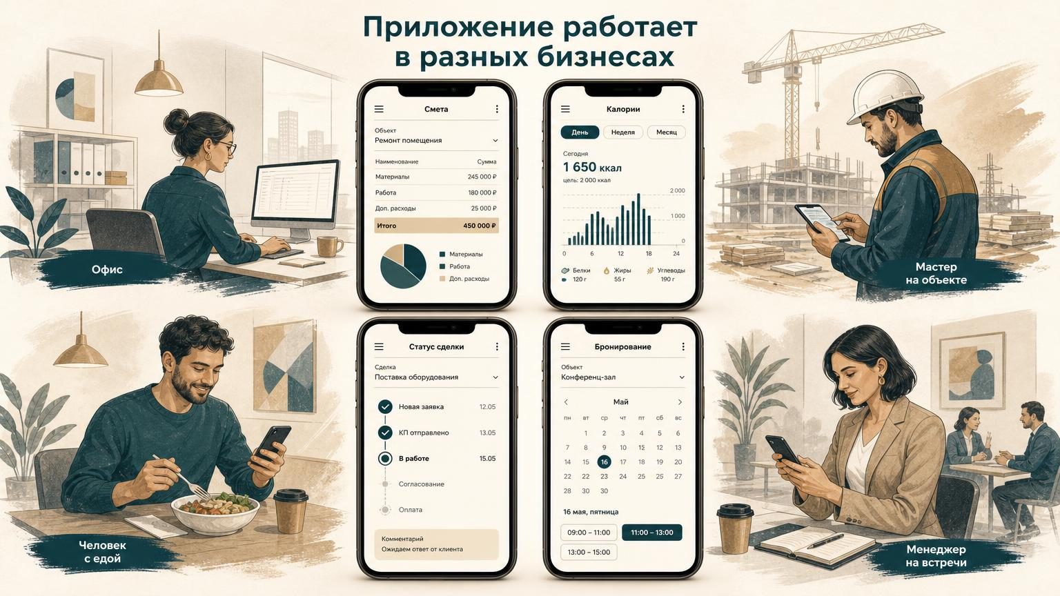 Коллаж из четырёх смартфонов в сетке 2×2, каждый показывает интерфейс разных приложений (смета, график калорий, статус сделки, бронирование). На фоне офисы, мастер на объекте, ч…