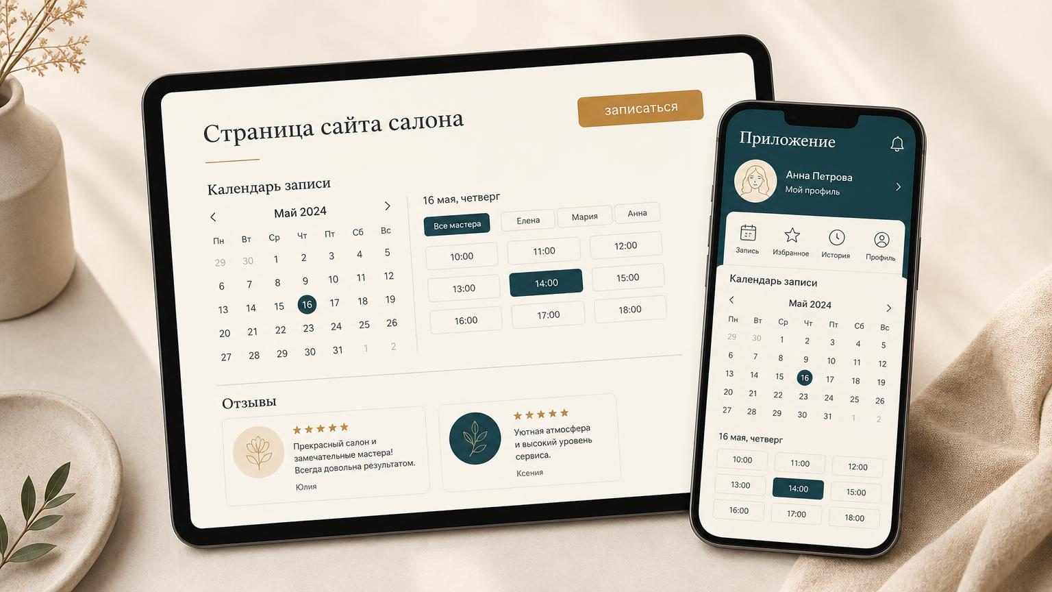 На планшете открыта страница сайта салона: календарь, кнопка «записаться», отзывы. На телефоне рядом изображено приложение: красивый интерфейс, иконки, профиль клиента. Обе откр…