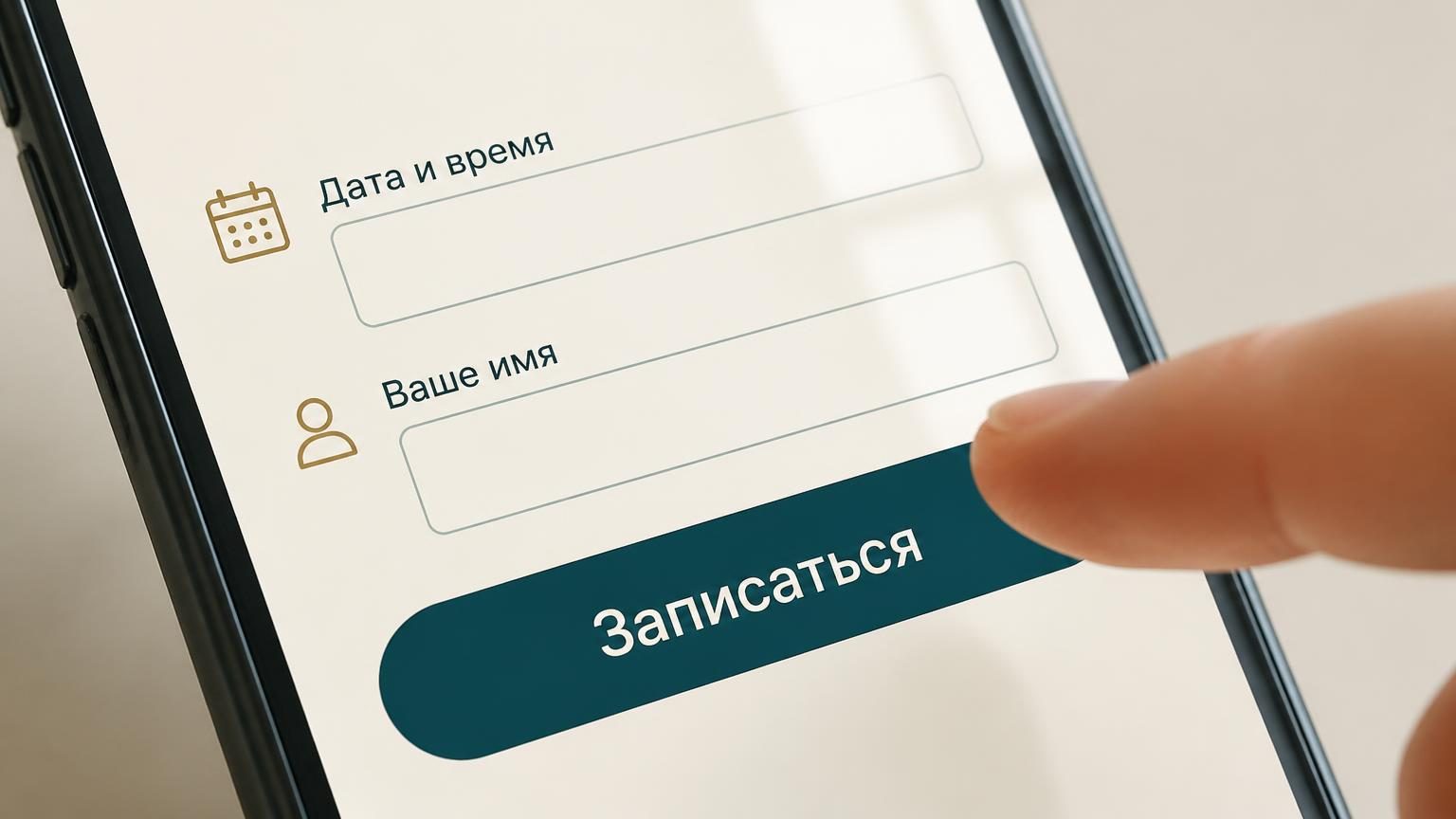 Очень крупный план: экран смартфона с короткой формой записи из двух полей и большой кнопкой, палец занесён над кнопкой. Фон нейтральный, лёгкое отражение оконного света на стек…
