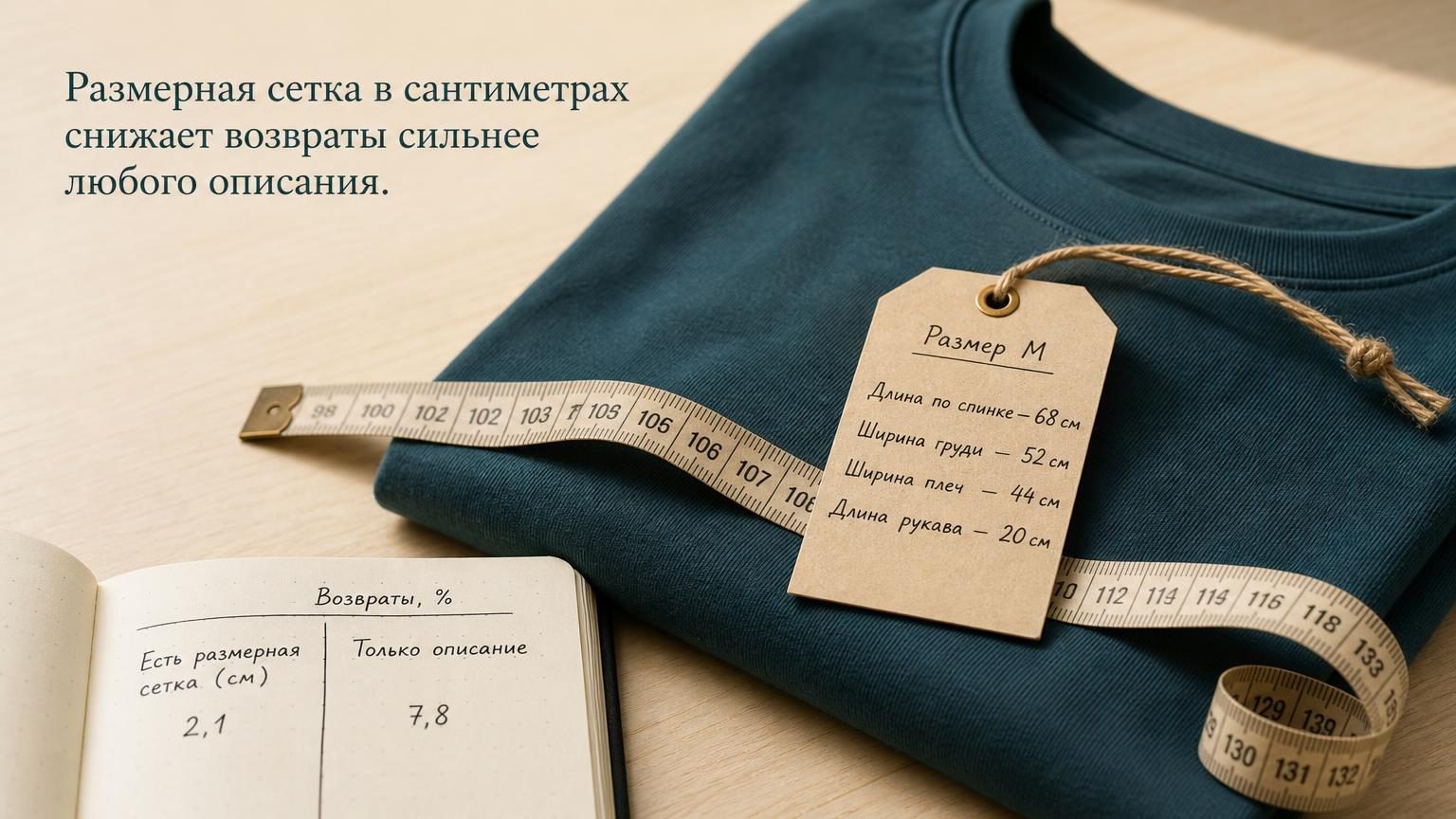 Сантиметровая лента и бумажная бирка с рукописными замерами лежат поверх сложенной футболки на светлом столе. Рядом край раскрытого блокнота со столбиком цифр. Мягкий дневной св…
