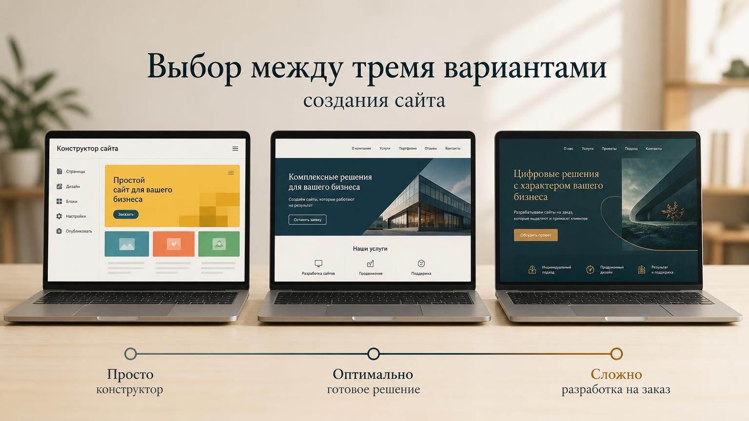 На столе три ноутбука рядом: на первом интерфейс конструктора (простой, ярких цветов, шаблонный), на втором готовое решение (профессиональное, но видно, что шаблон), на третьем …