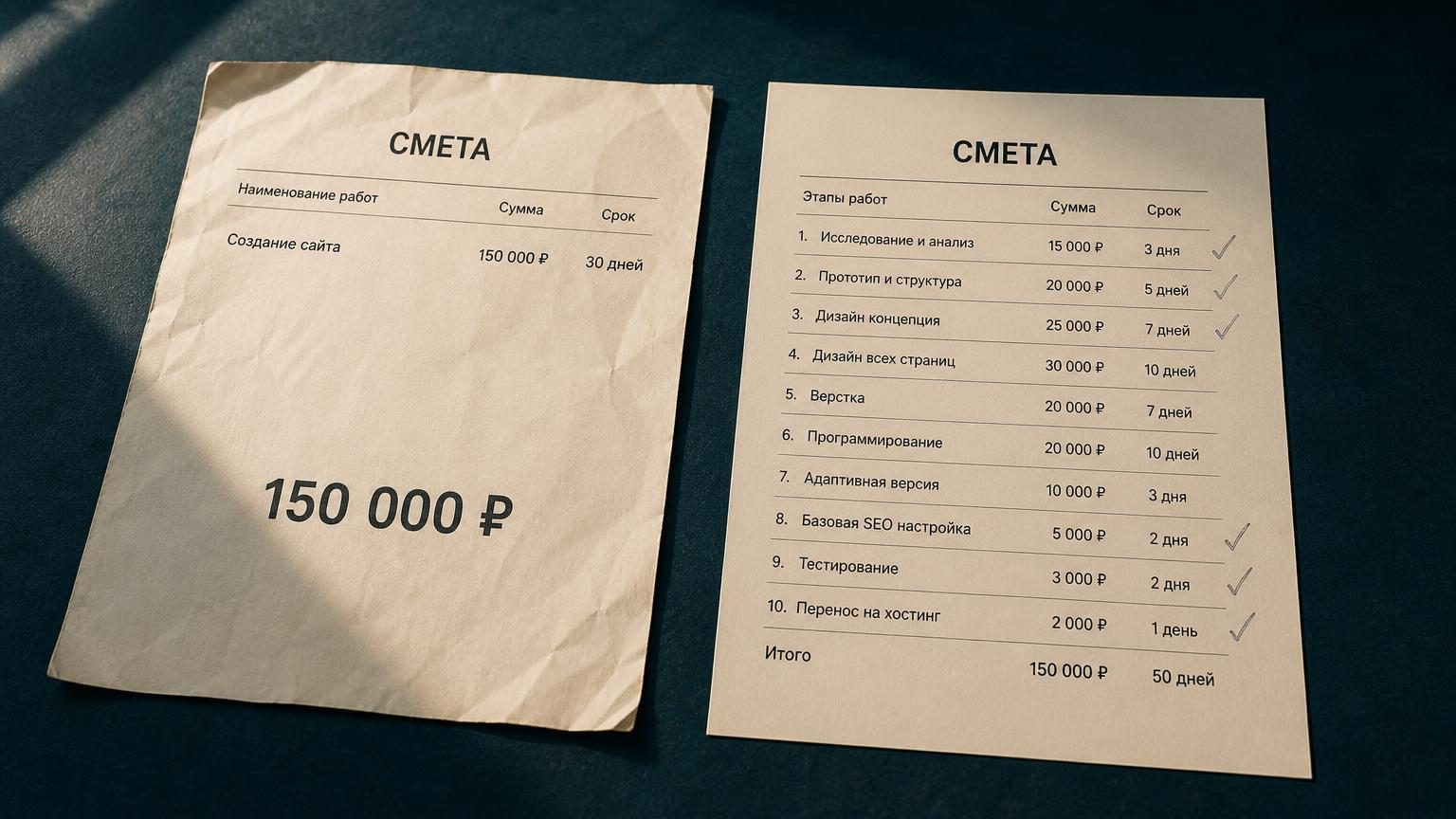 Что в кадре: два листа сметы рядом на тёмной столешнице, крупно, сверху. Левый почти пустой, на нём одна строка и большая цифра, лист слегка смят. Правый плотно заполнен столбик…