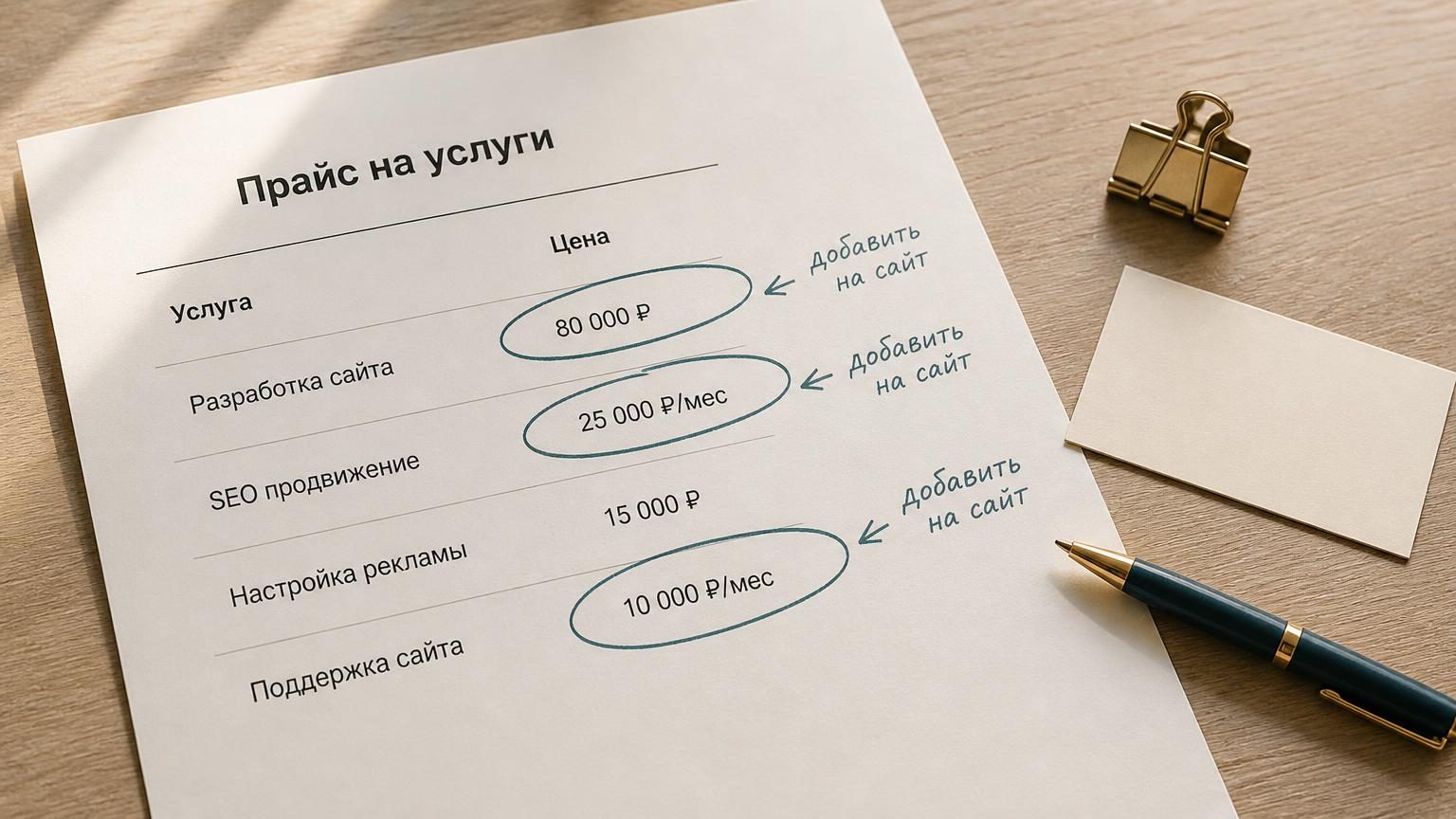 Крупно распечатанная страница прайса на столе, несколько строк с ценами обведены маркером, на полях от руки приписано «добавить на сайт». Рядом лежат визитка без текста, ручка и…