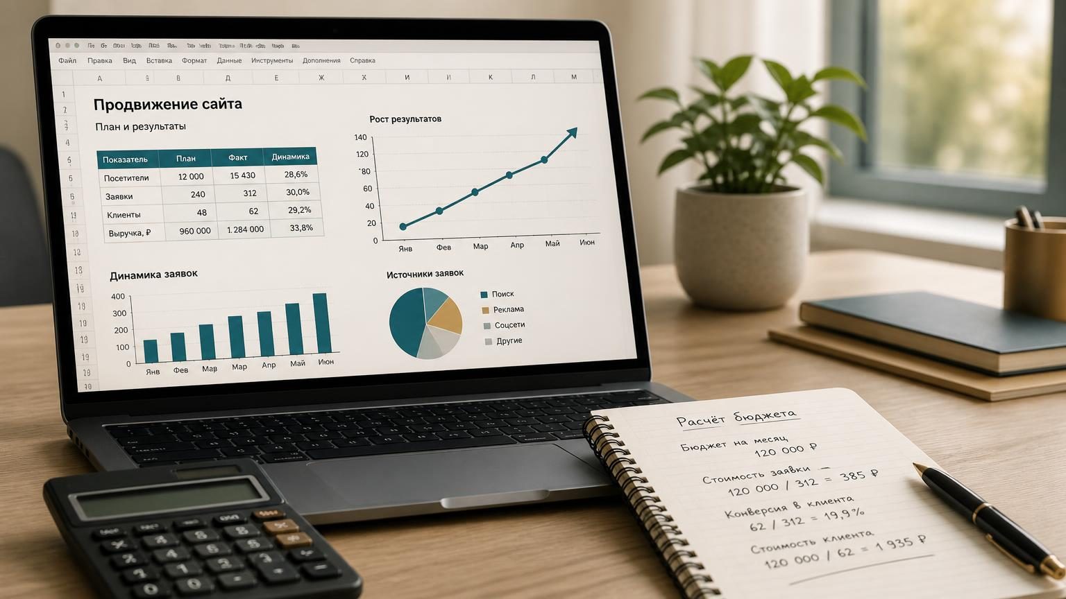 На столе ноутбук с открытой таблицей Excel или Google Sheets, рядом калькулятор и блокнот с расчётами. На экране видны графики роста (линия идёт вверх). Реалистичный офисный сти…