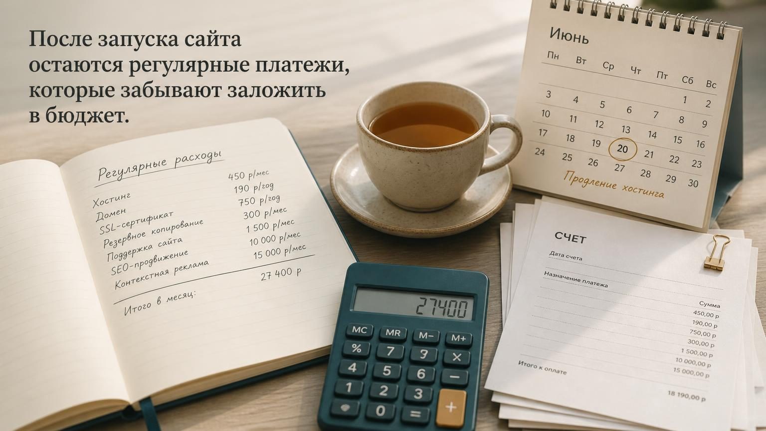 Фотореалистичный снимок рабочего стола сверху при мягком дневном свете: раскрытый блокнот со столбцом рукописных строк расходов, рядом калькулятор, чашка чая, стопка счетов и на…