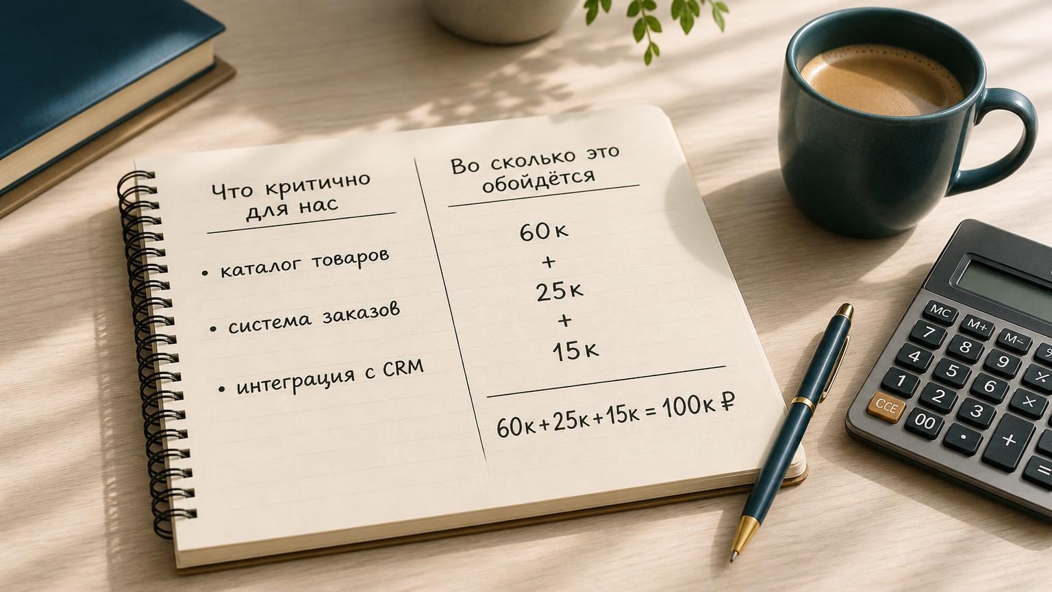 На столе лежит блокнот, на нём написано в две колонки: слева «Что критично для нас», справа «Во сколько это обойдётся». Слева перечислены основные функции: каталог товаров, сист…