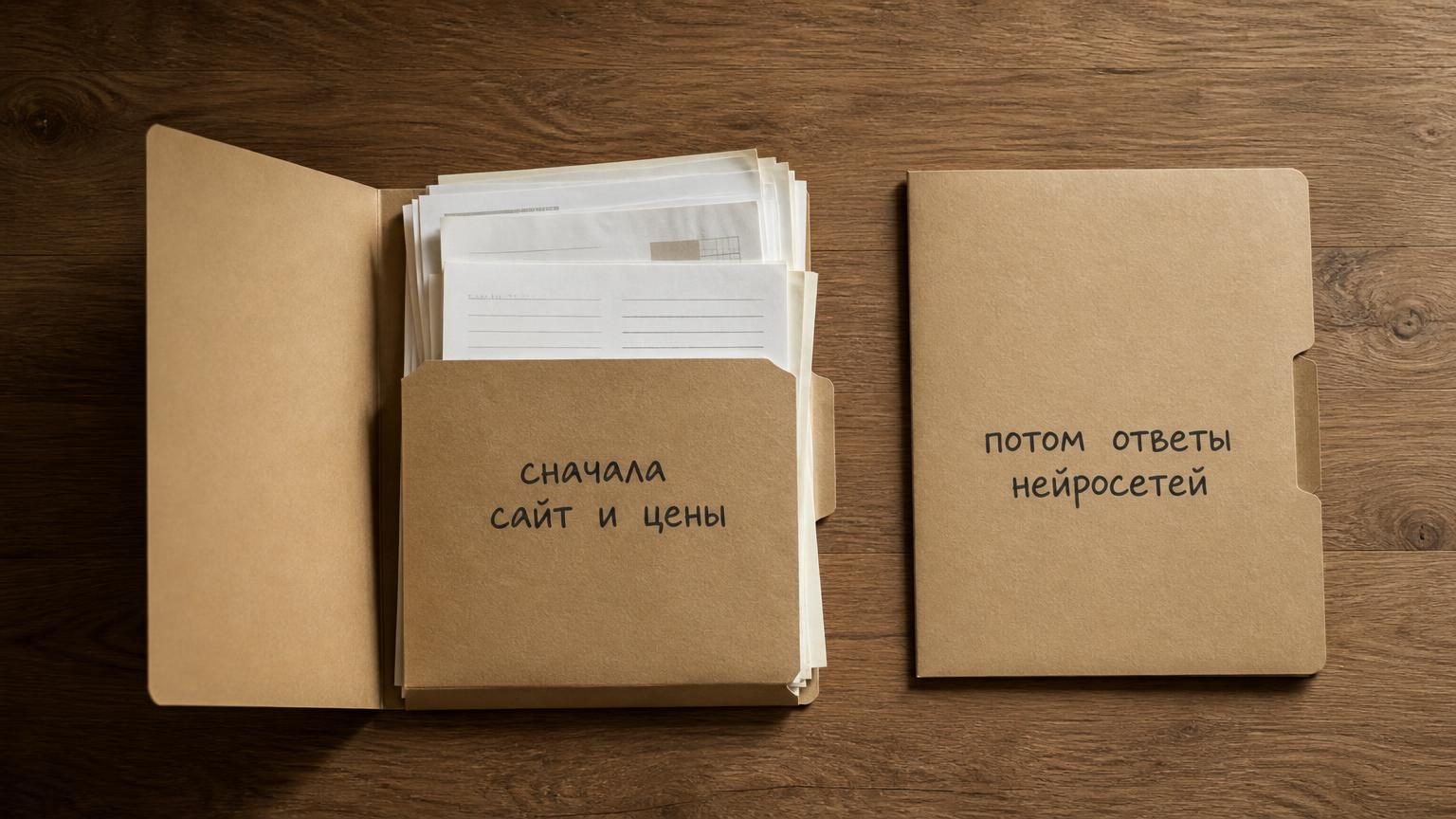 Две картонные папки рядом на деревянном столе, вид сверху. На левой от руки написано «сначала сайт и цены», на правой «потом ответы нейросетей». Левая папка раскрыта и полна бум…
