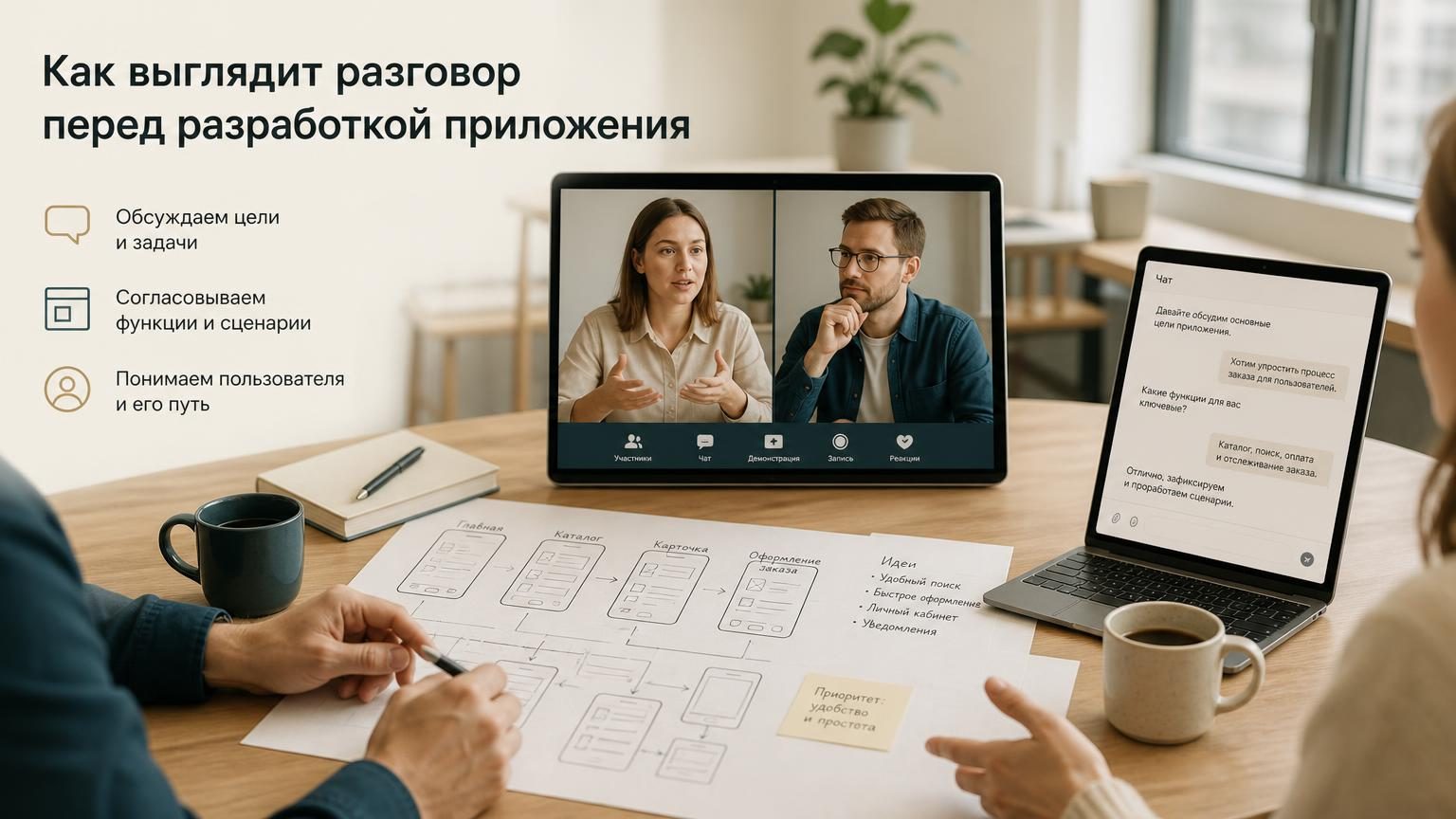 На экране конференц-камера, двое людей общаются в zoom. На столе скетчи приложения на бумаге, ноутбук с открытым текстовым чатом, кофе. Офисное пространство, дневной свет. Кадр …