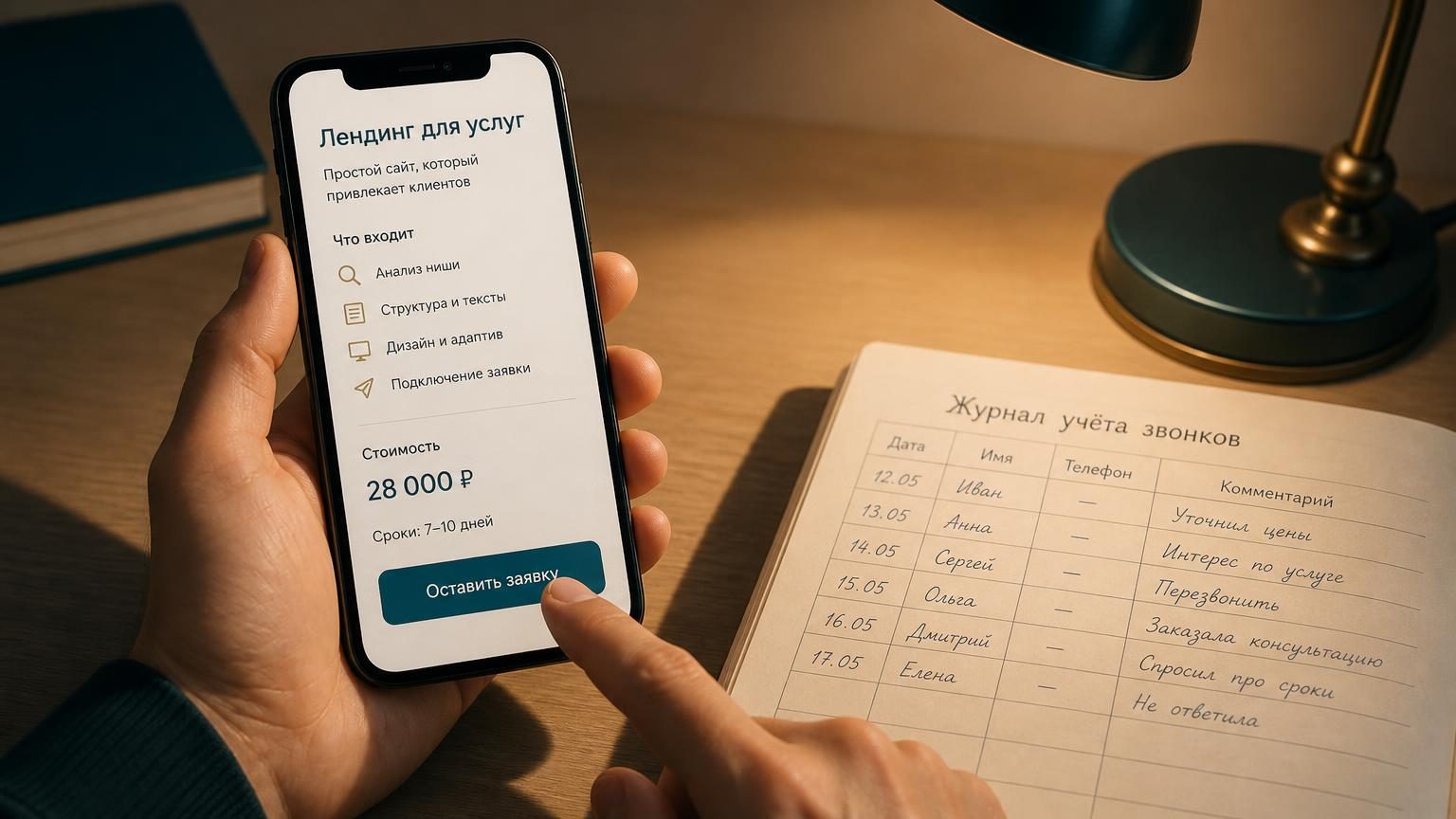 Смартфон в руке крупным планом, на экране открыта страница услуги с ценами и кнопкой заявки, палец занесён над кнопкой. Рядом на столе бумажный журнал учёта звонков с рукописным…